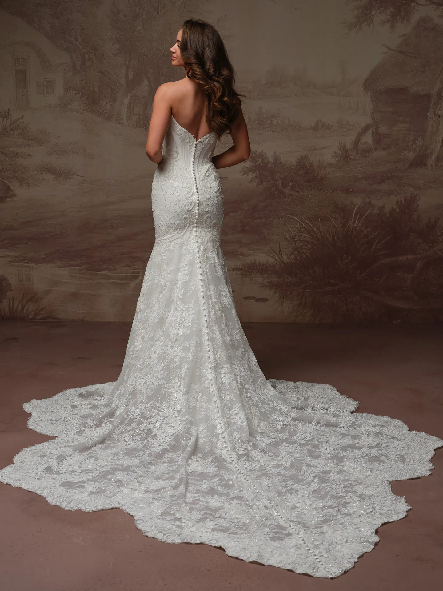 Sottero and Midgley Eirawen lace fit-and-flare wedding dress, back view.