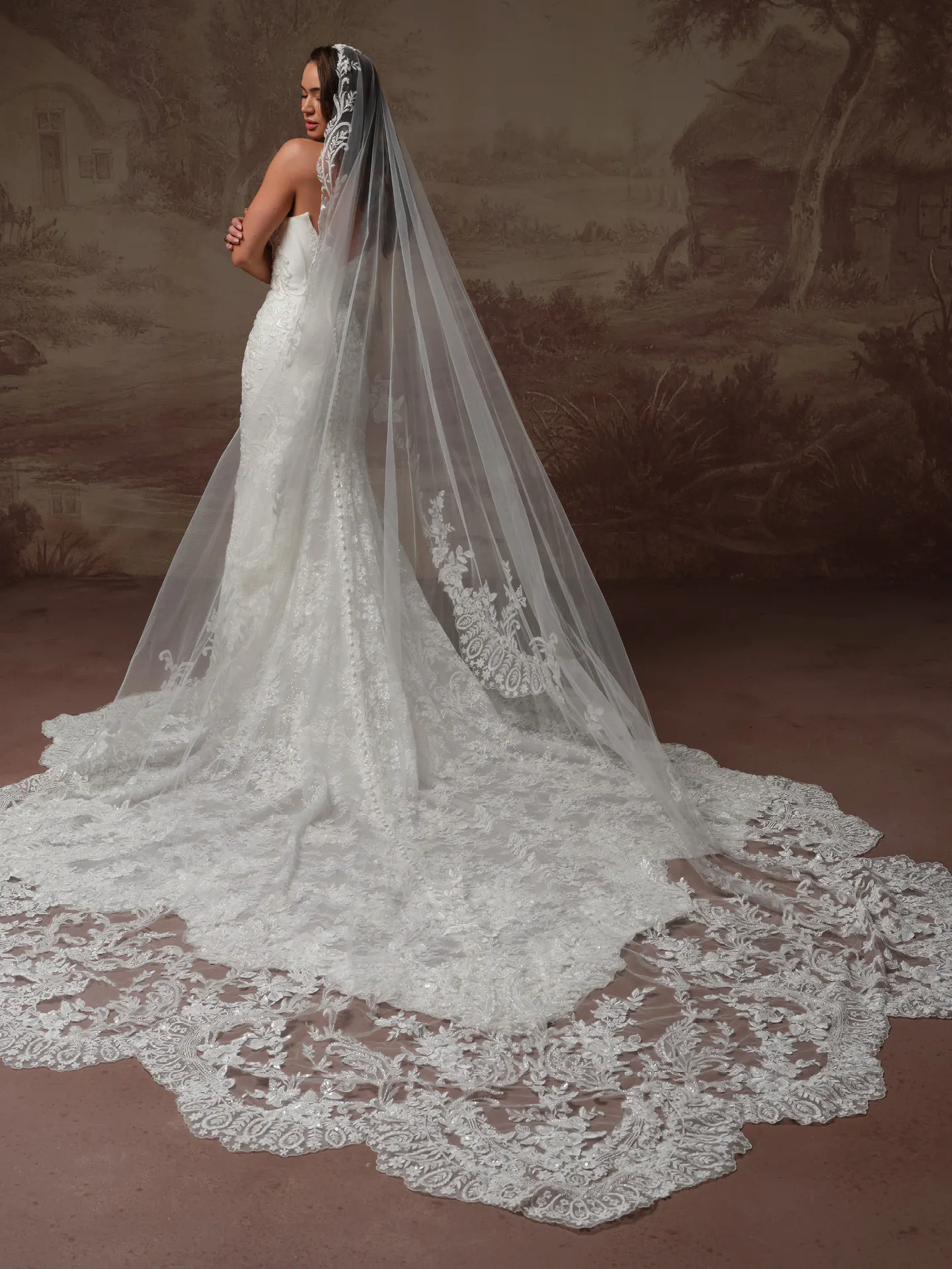 Sottero and Midgley Eirawen, back view lace fit-and-flare wedding dress with long train.