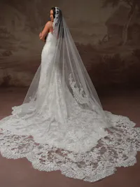 Ornate beaded sequin lace scalloped edge veil