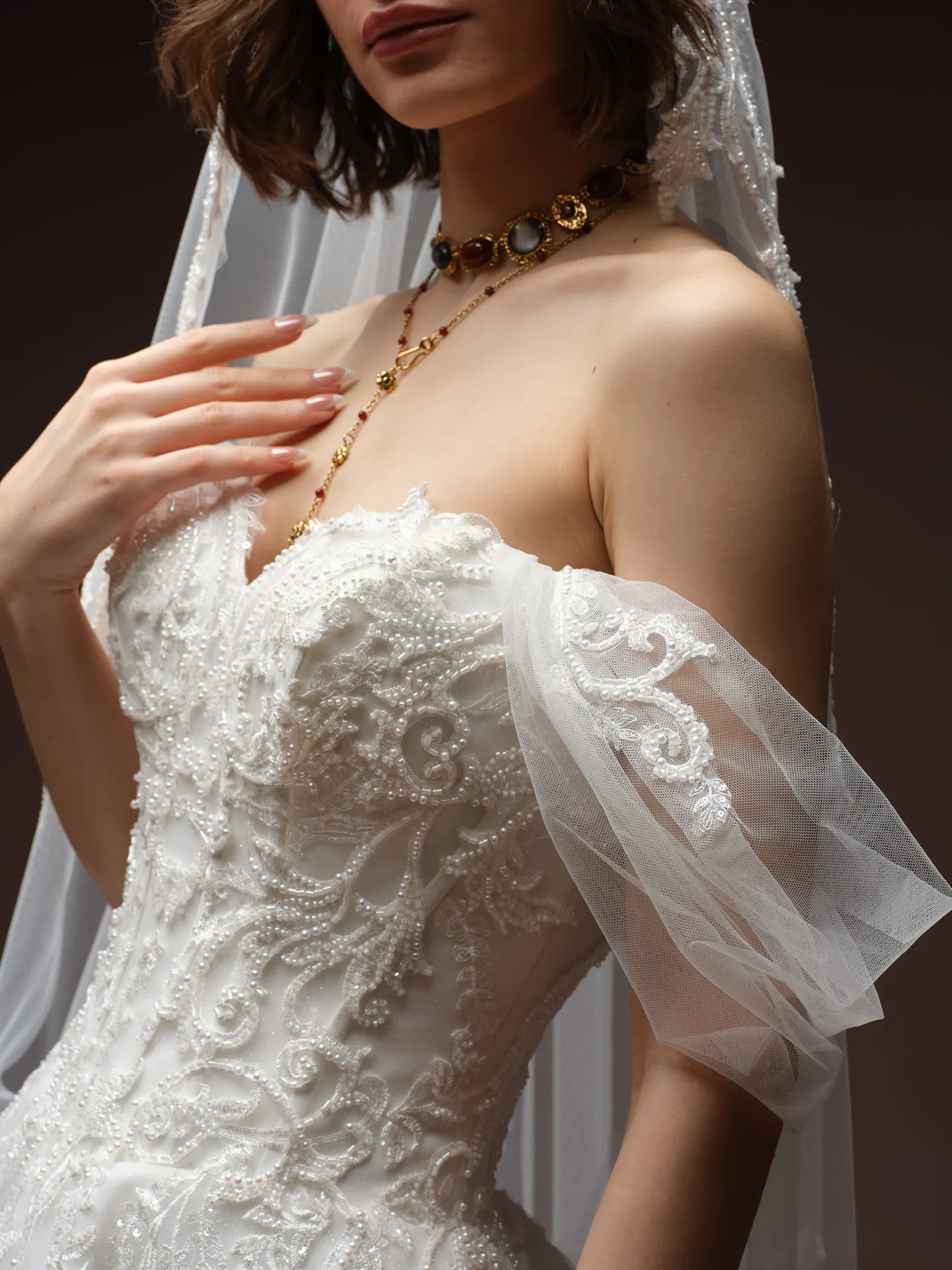 Sottero and Midgley Gwyneth close-up beaded off-shoulder detail.