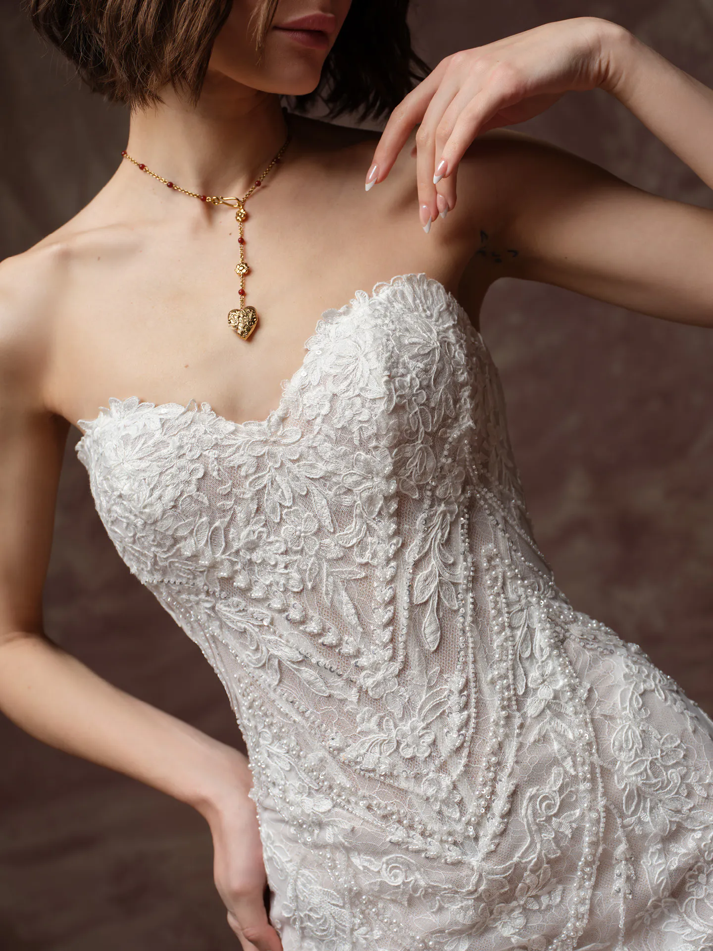 Sottero and Midgley Hester sequined lace bodice, front view.