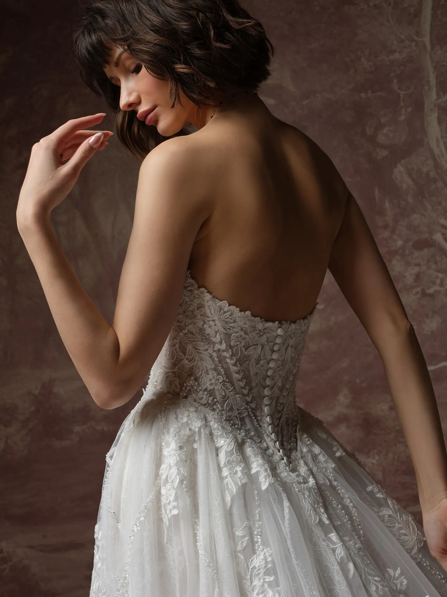Hester sequined lace bodice wedding dress, back view Sottero and Midgley.
