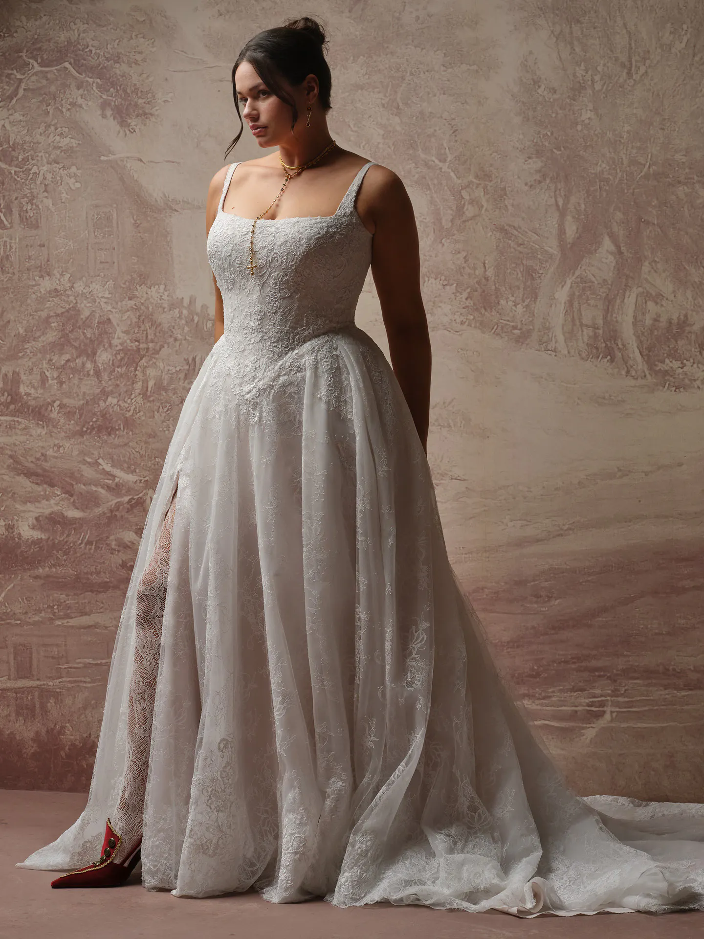 Sottero and Midgley Ivandra, side view glitter tulle ballgown with lace detail.