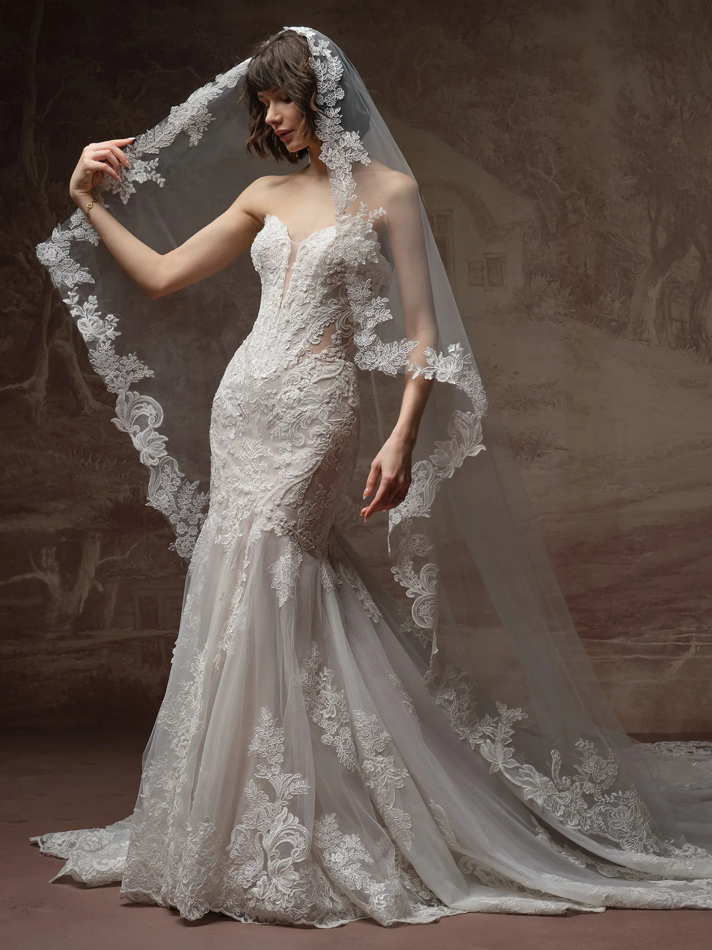 Sottero and Midgley Julianna fit-and-flare dress with beaded lace,, front view.