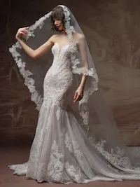 Delicate beaded sequin scalloped lace mantilla veil