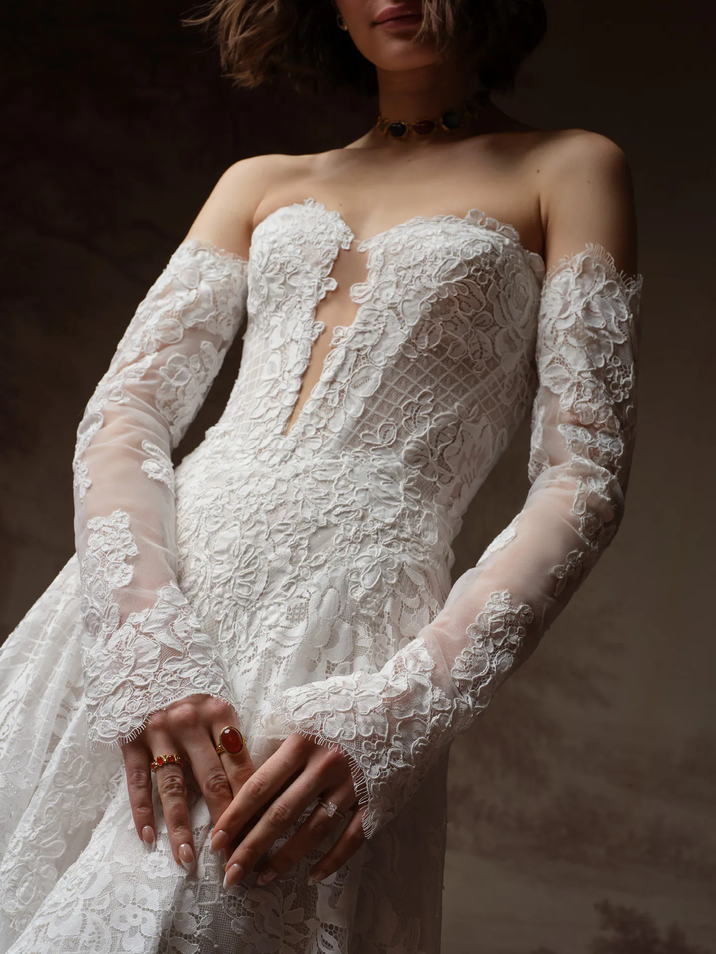 Sottero and Midgley Keeva lace A-line dress, front view.