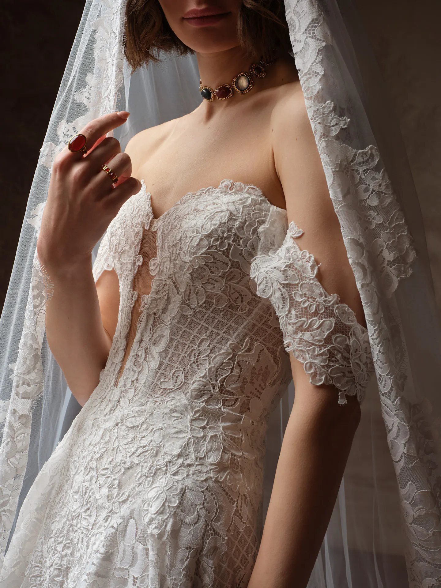 Sottero and Midgley Keeva lace A-line dress, front view with plunging neckline.