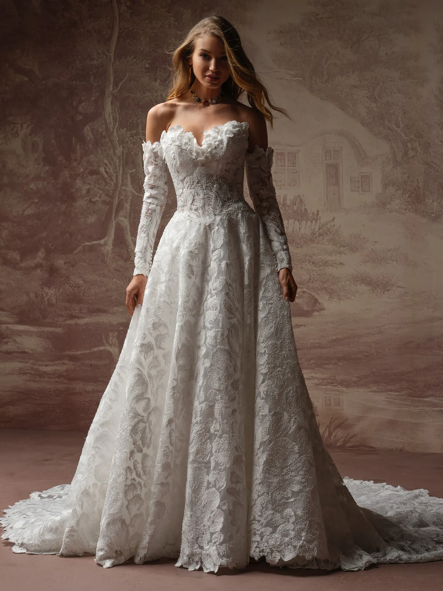 Sottero and Midgley Merrigan lace A-line wedding dress, front view.