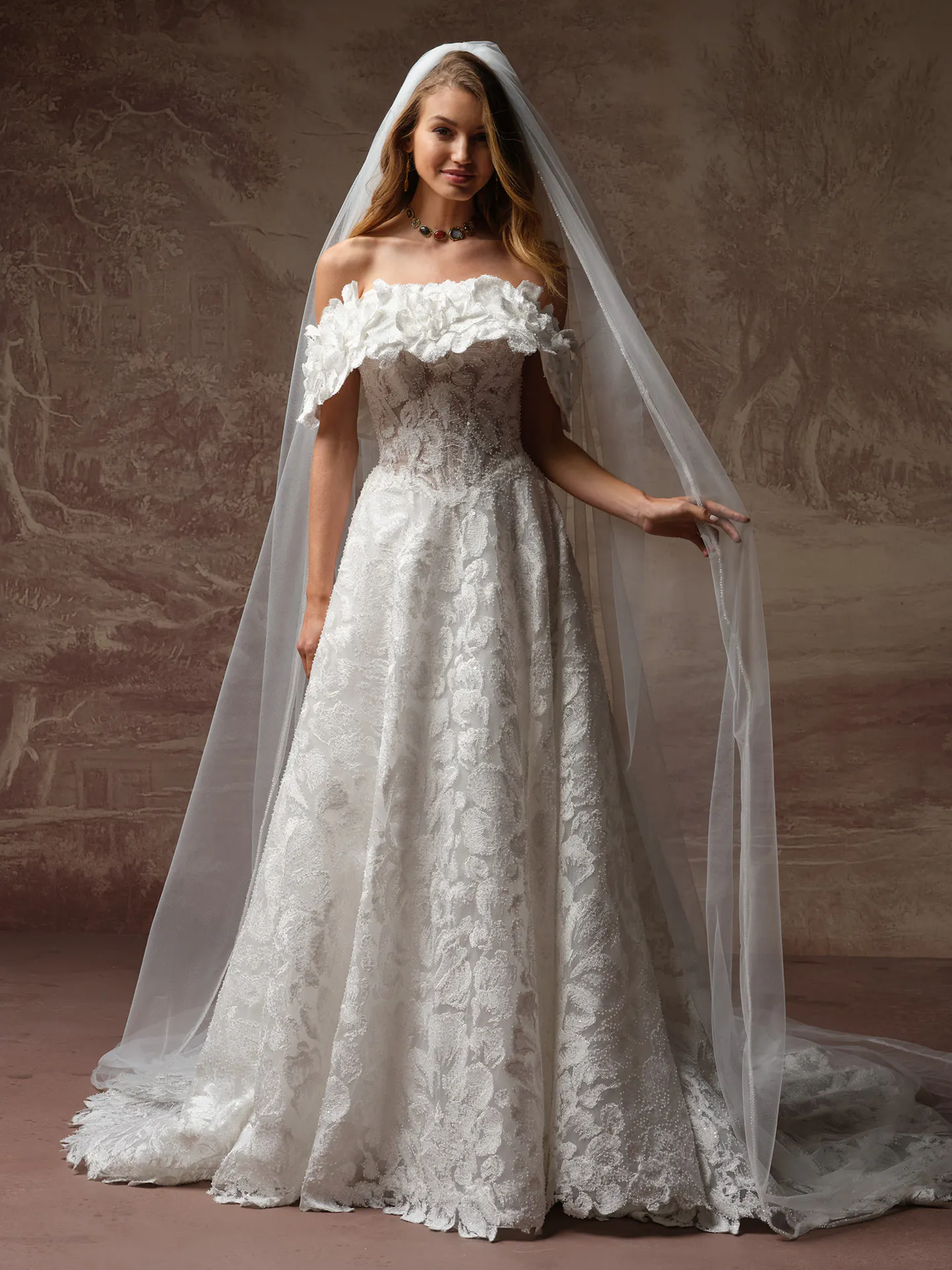 Sottero and Midgley Merrigan, front view, beaded lace A-Line wedding dress with veil.