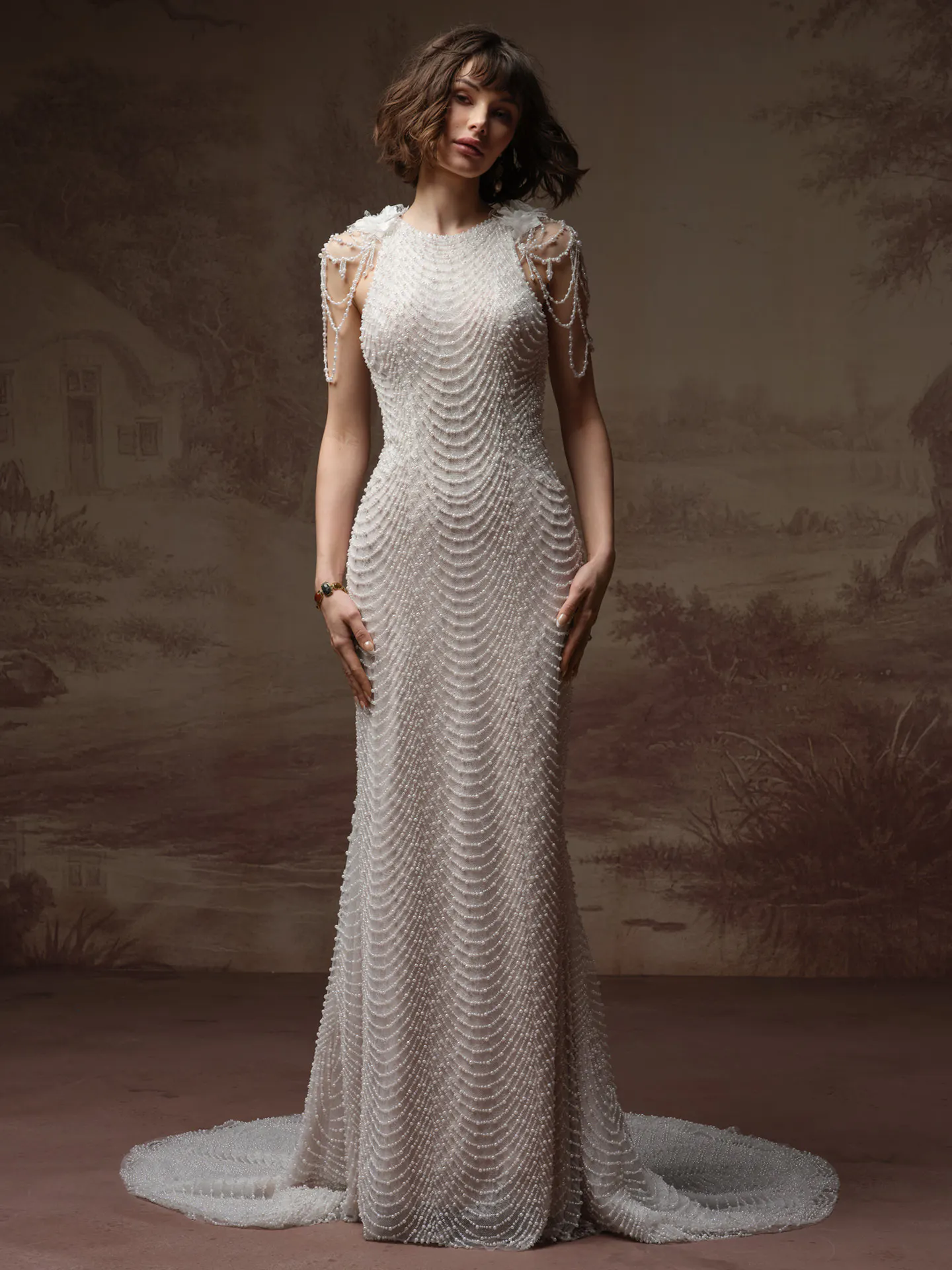 Sottero and Midgley Oleta pearl lace sheath dress, front view.