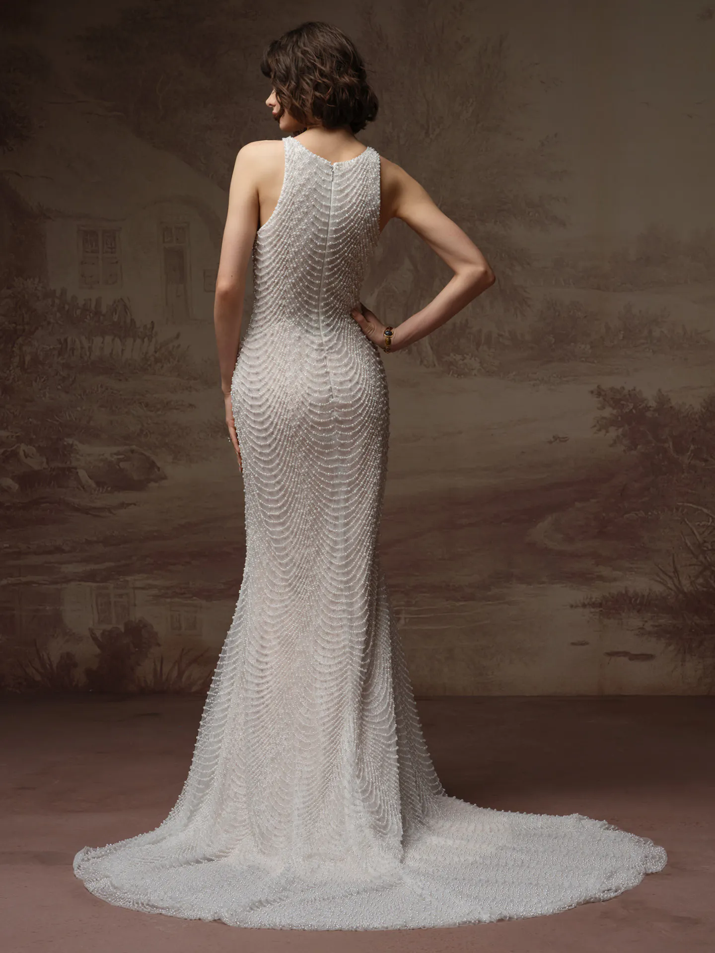 Sottero and Midgley Oleta, back view pearl lace sheath wedding dress.