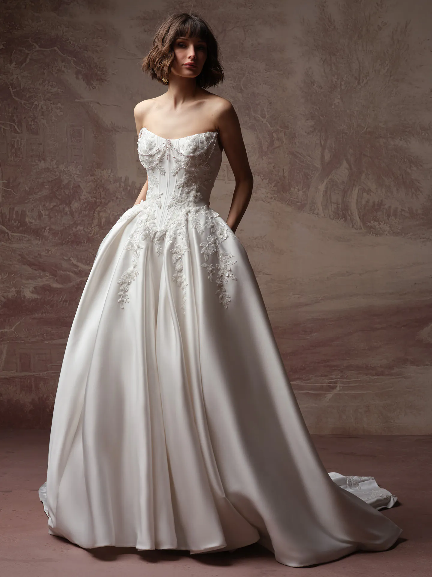 Sottero and Midgley Petra, front view 3-D beaded lace wedding dress.