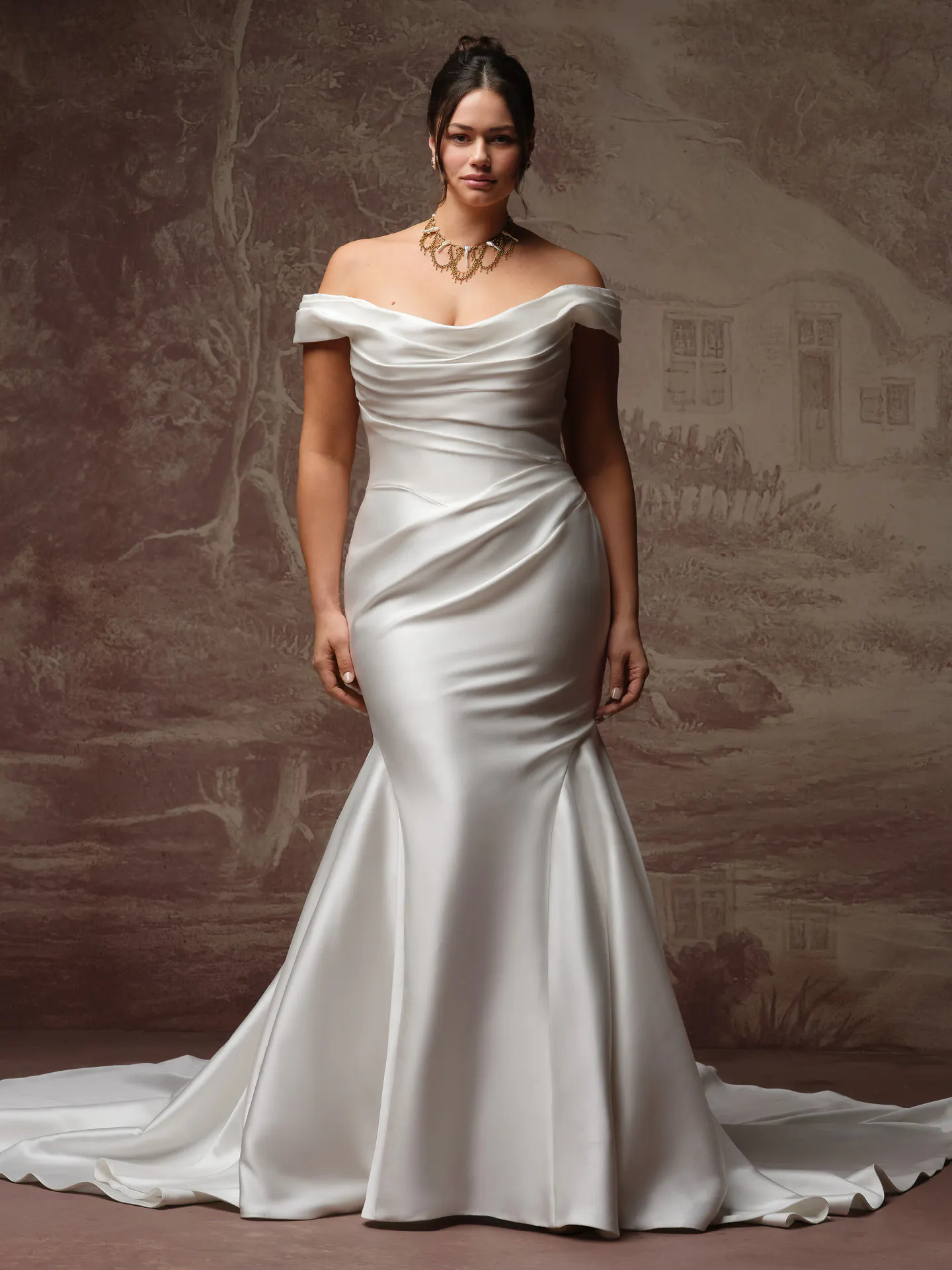 Sottero and Midgley Recine satin fit-and-flare wedding dress, front view.
