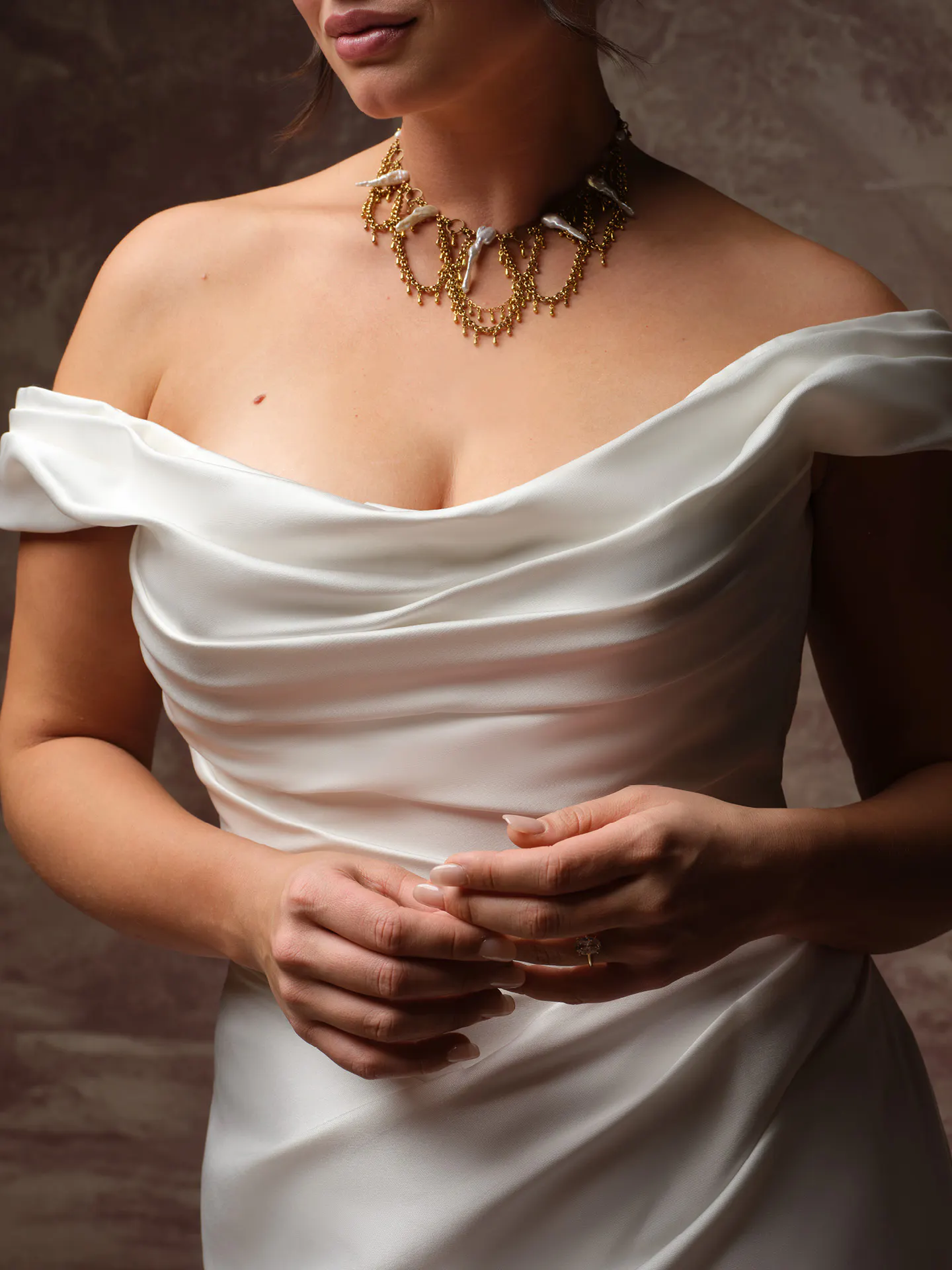 Sottero and Midgley Recine satin fit-and-flare wedding dress,, front view.