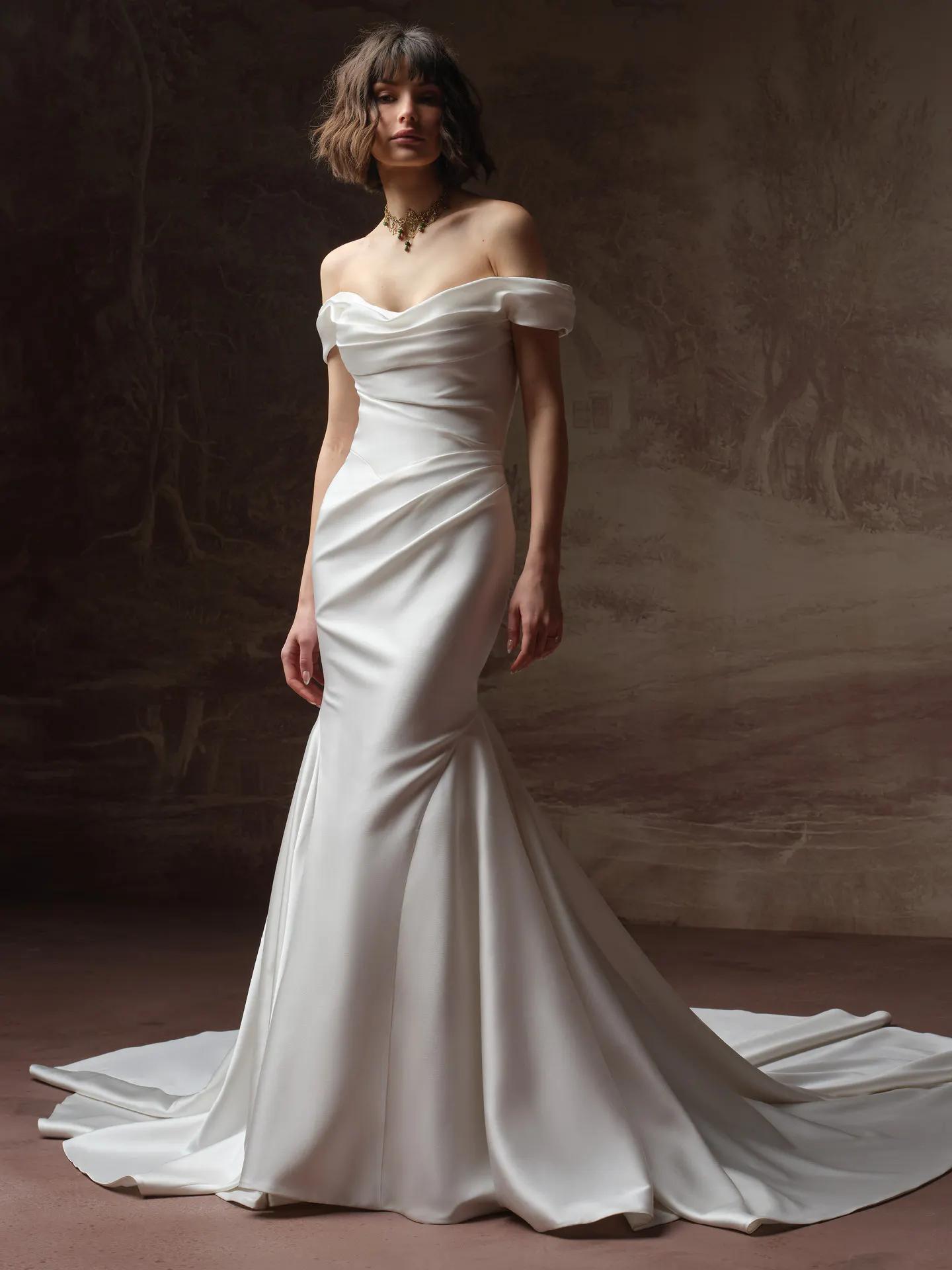 Sottero and Midgley Recine satin fit-and-flare wedding dress, front view.