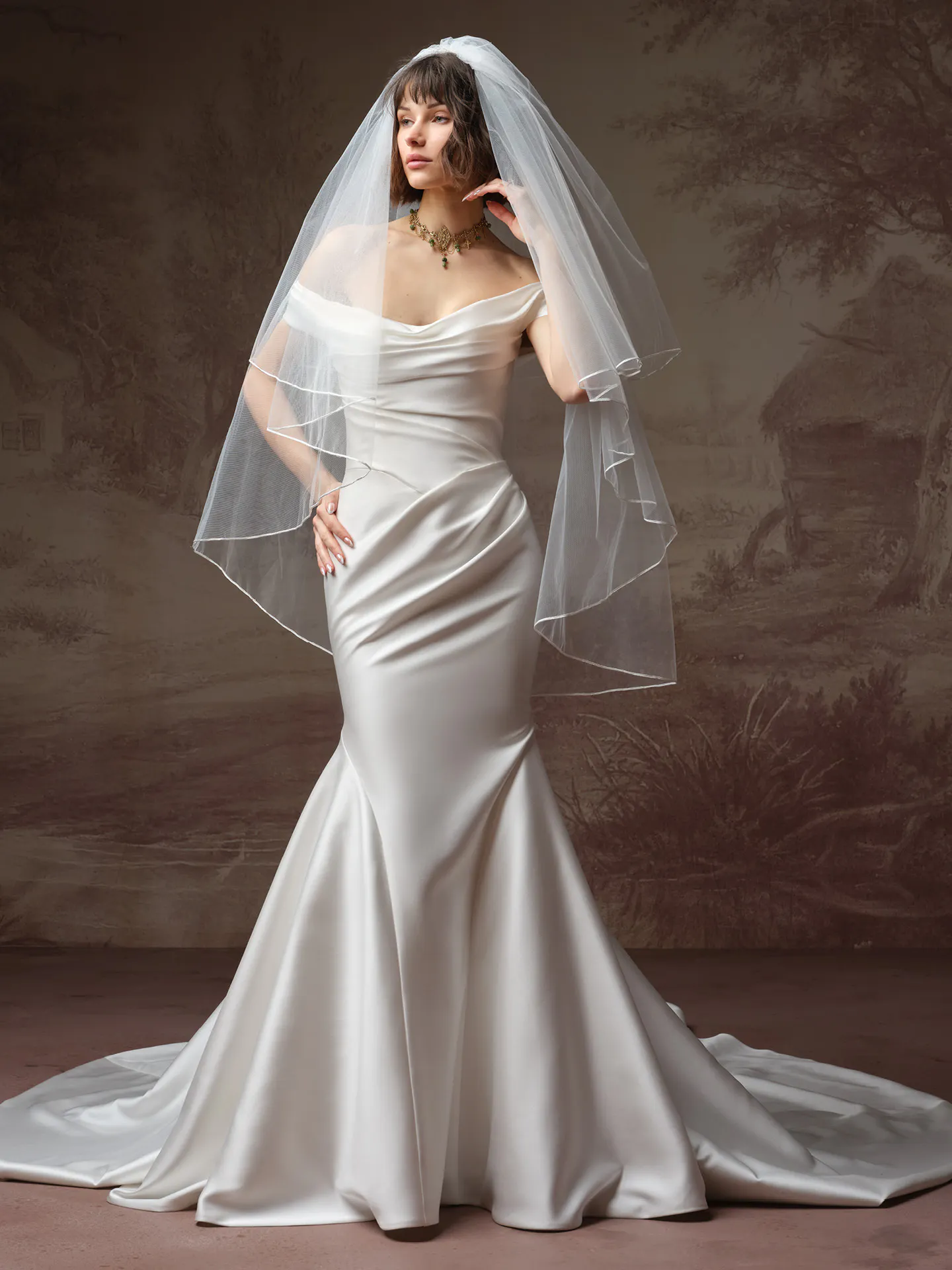 Sottero and Midgley Recine satin fit-and-flare wedding dress, front view.