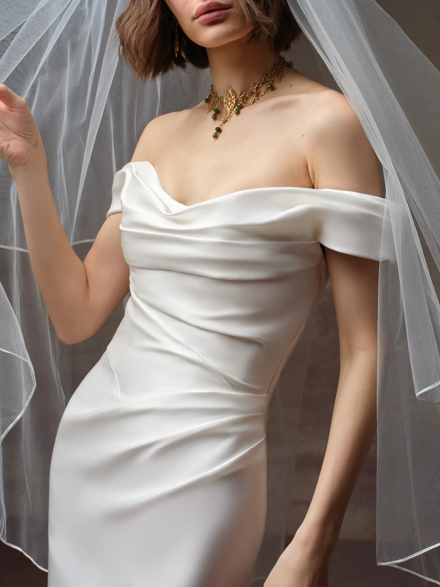 Sottero and Midgley Recine satin fit-and-flare wedding dress, front view.