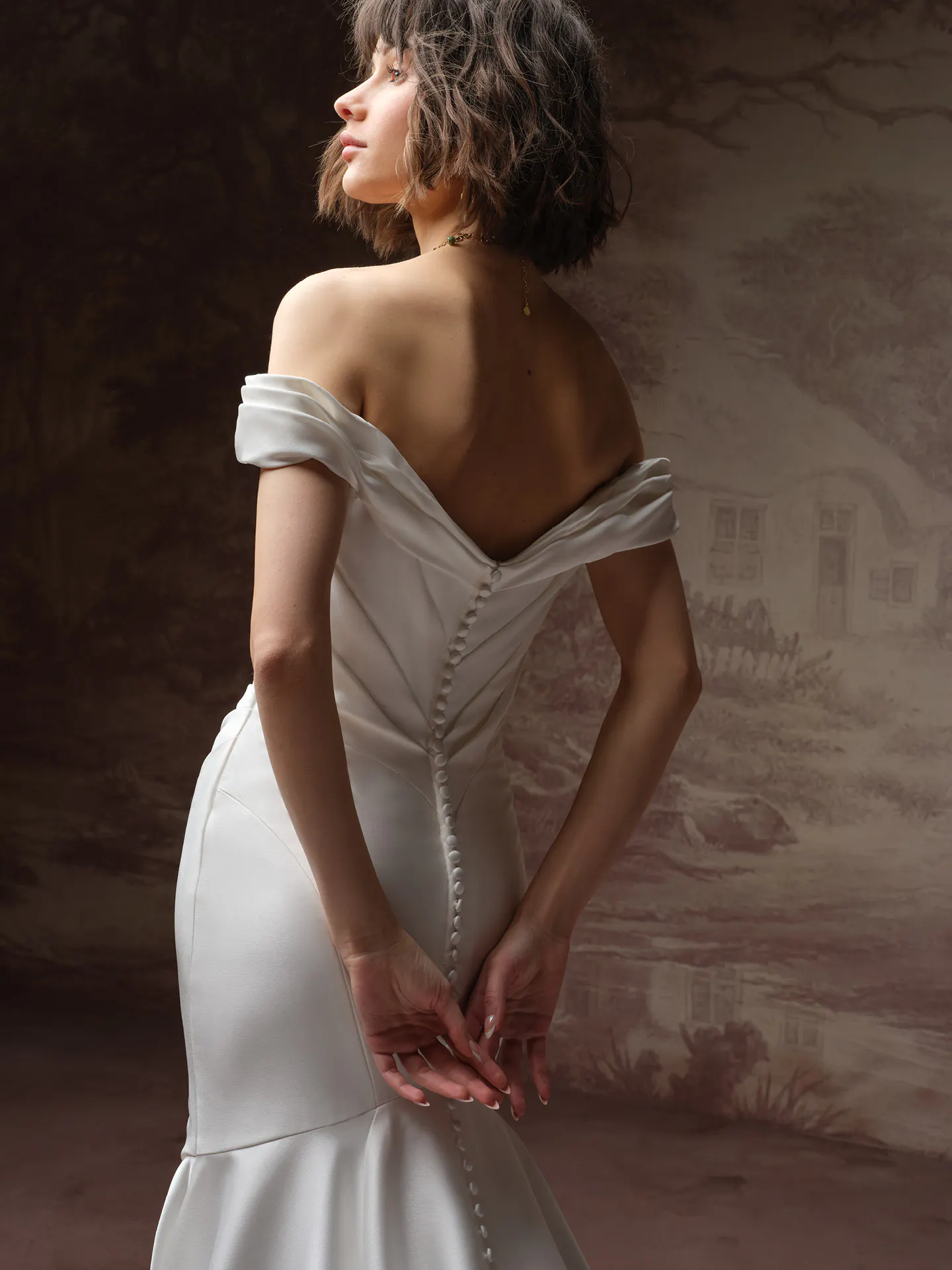 Sottero and Midgley Recine Satin Fit-and-Flare wedding dress, back view.