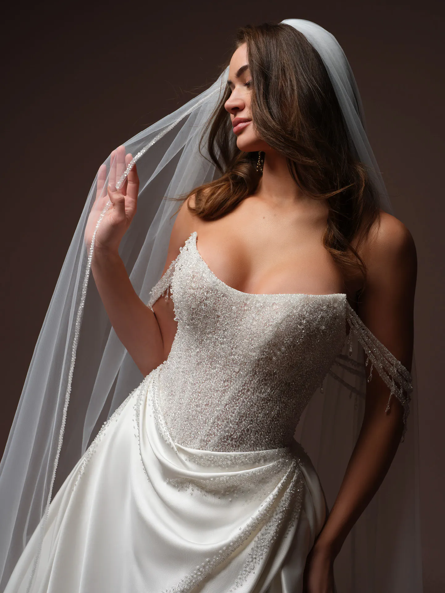 Sottero and Midgley Rumi, front view, beaded bodice ballgown with veil.