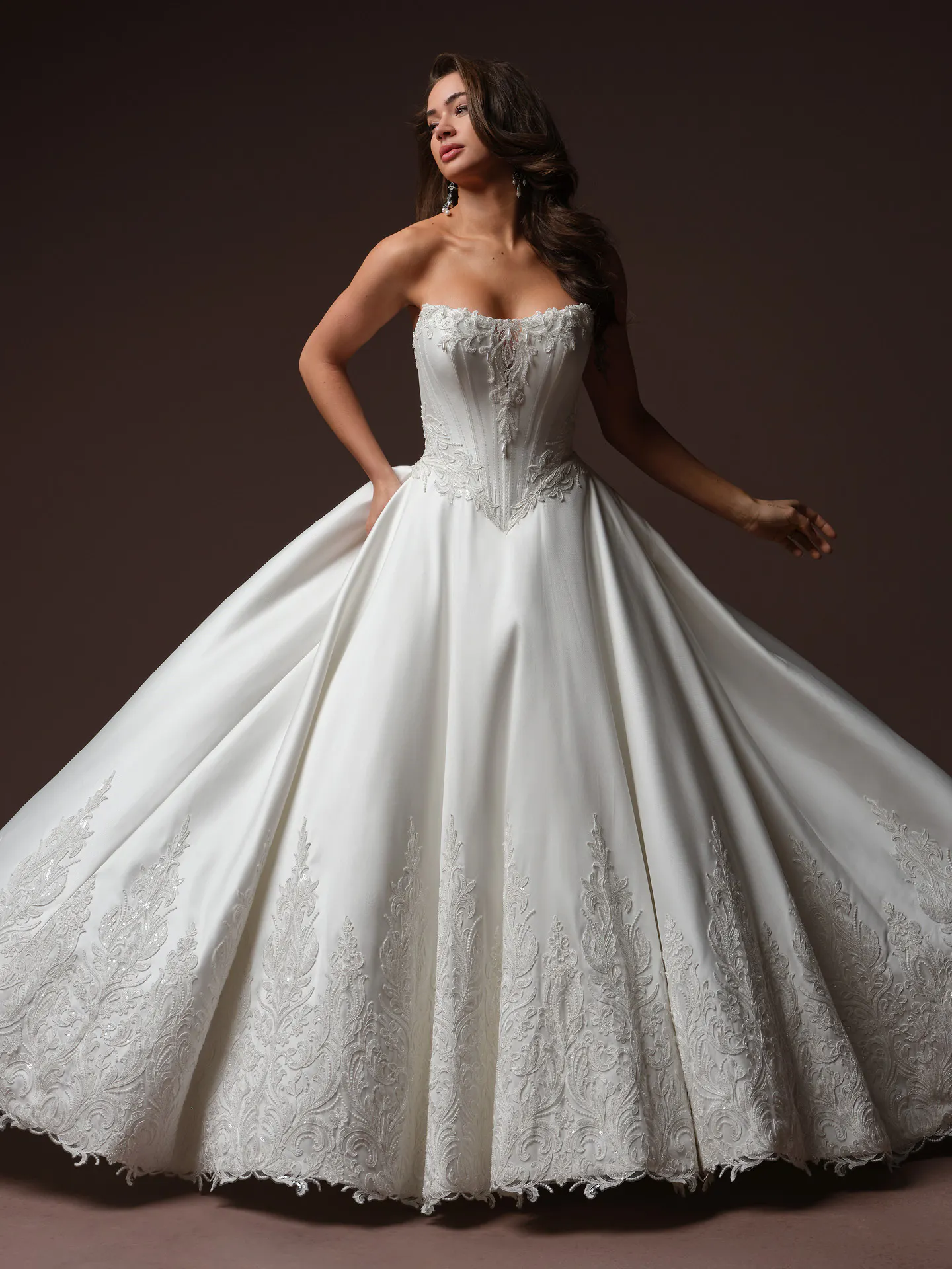 Sottero and Midgley Sandrine, front view, lace basque waist ballgown wedding dress.