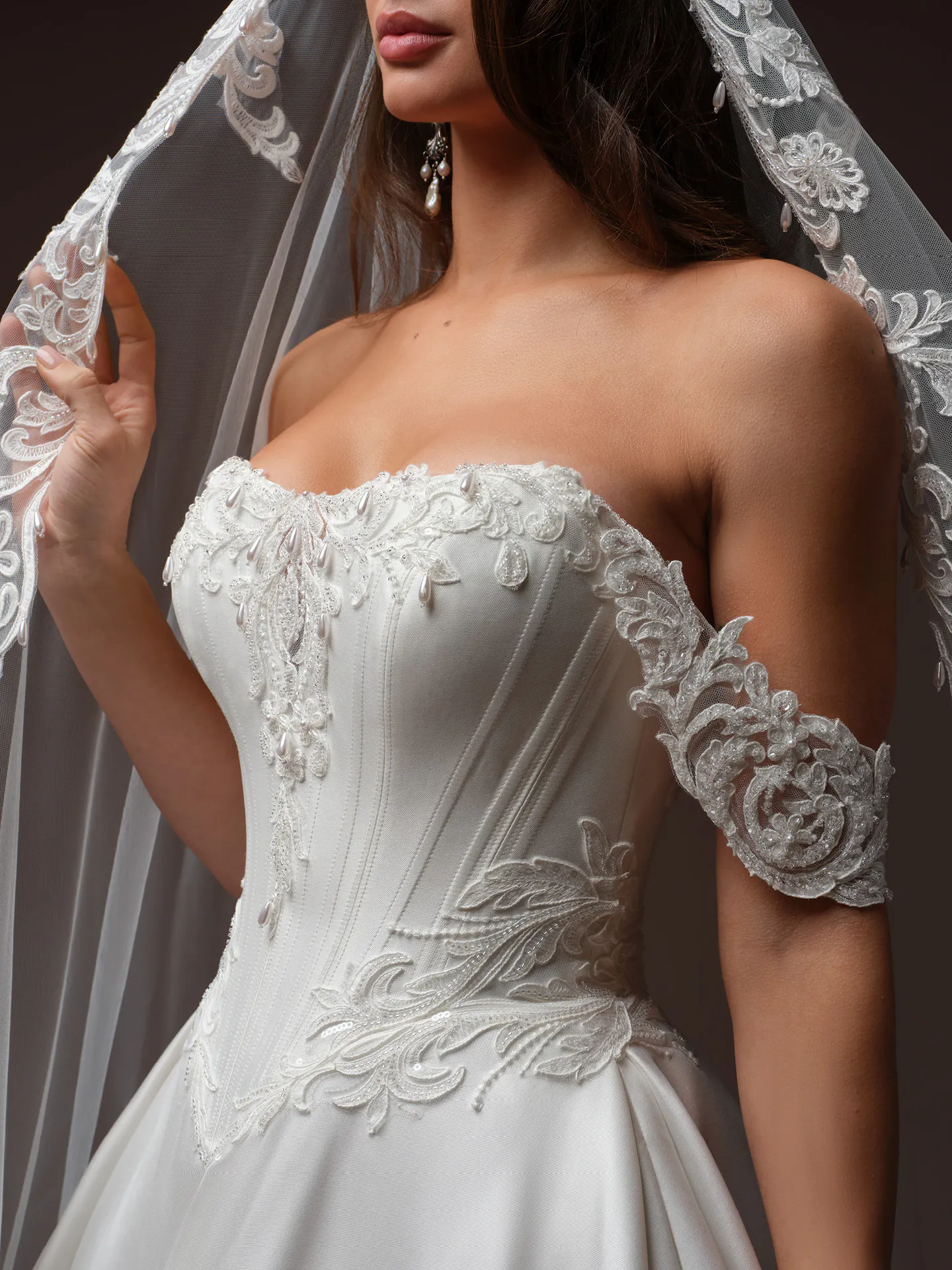 Sottero and Midgley Sandrine, front view lace basque waist wedding dress.