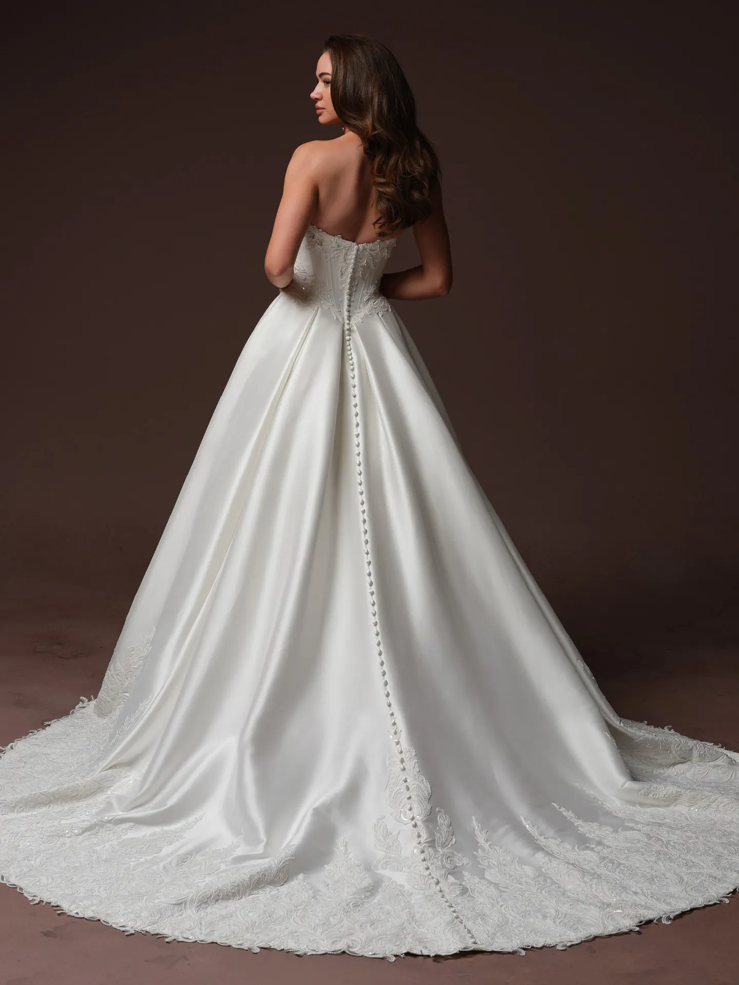 Sottero and Midgley Sandrine, back view satin lace wedding dress.