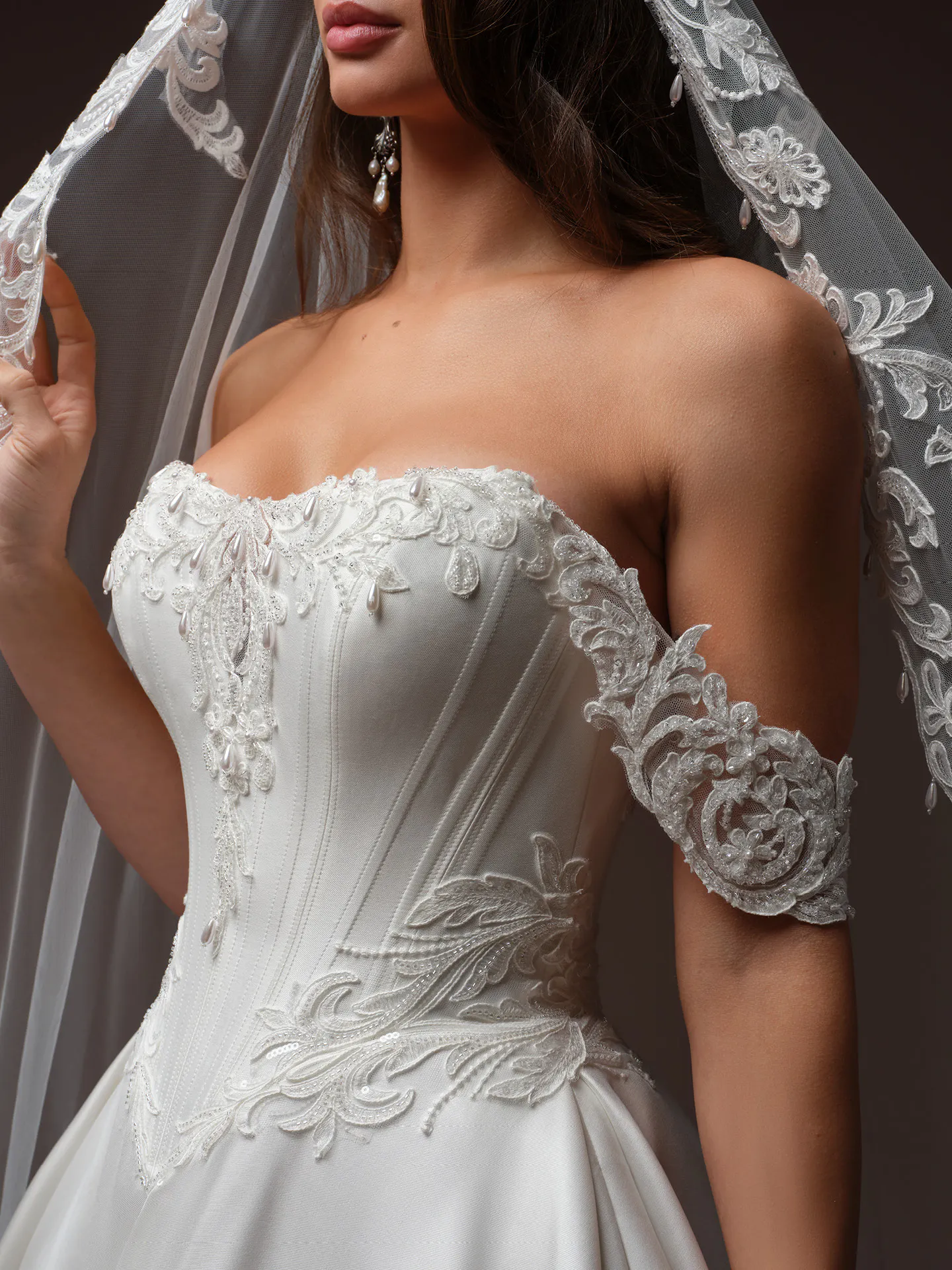 Sottero and Midgley Sandrine detachable cap sleeves, front view.