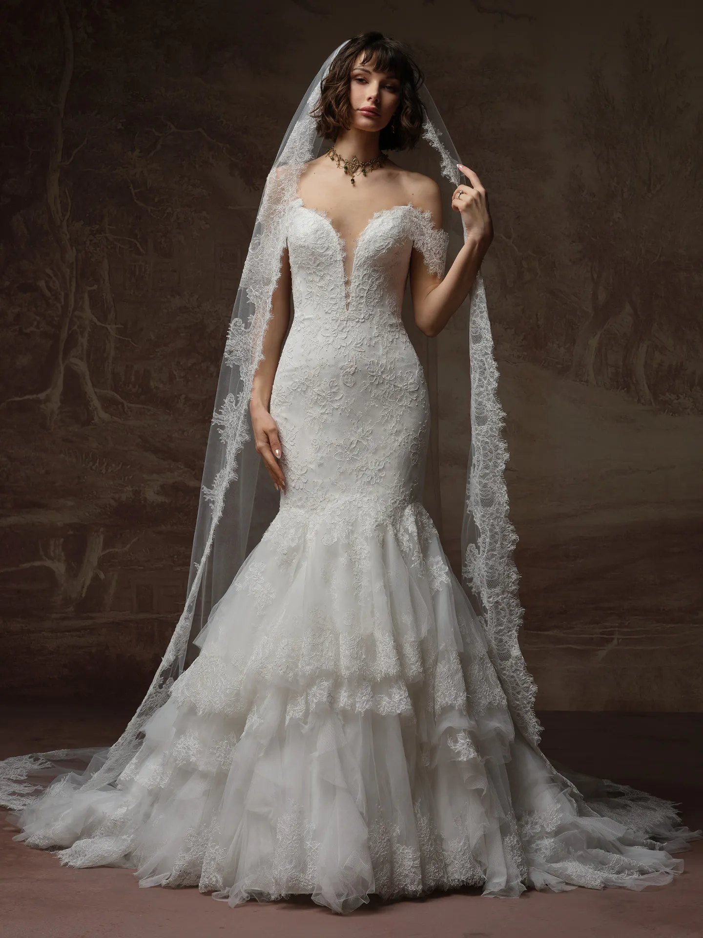 Sottero and Midgley Sauvignon lace mermaid dress, front view.
