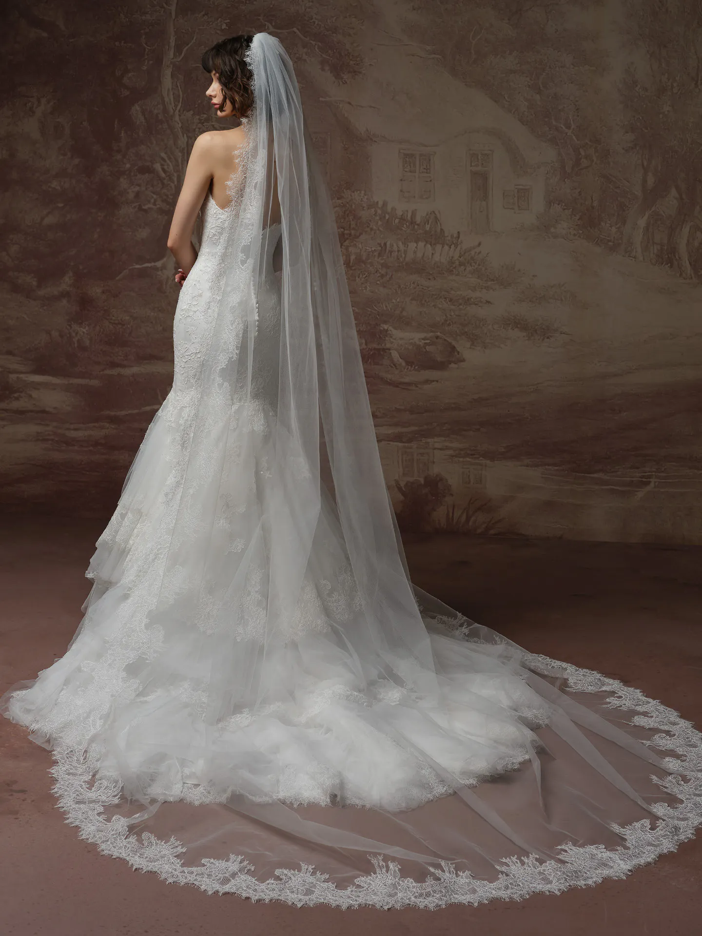 Sottero and Midgley Sauvignon Lace Mermaid, back view with veil.