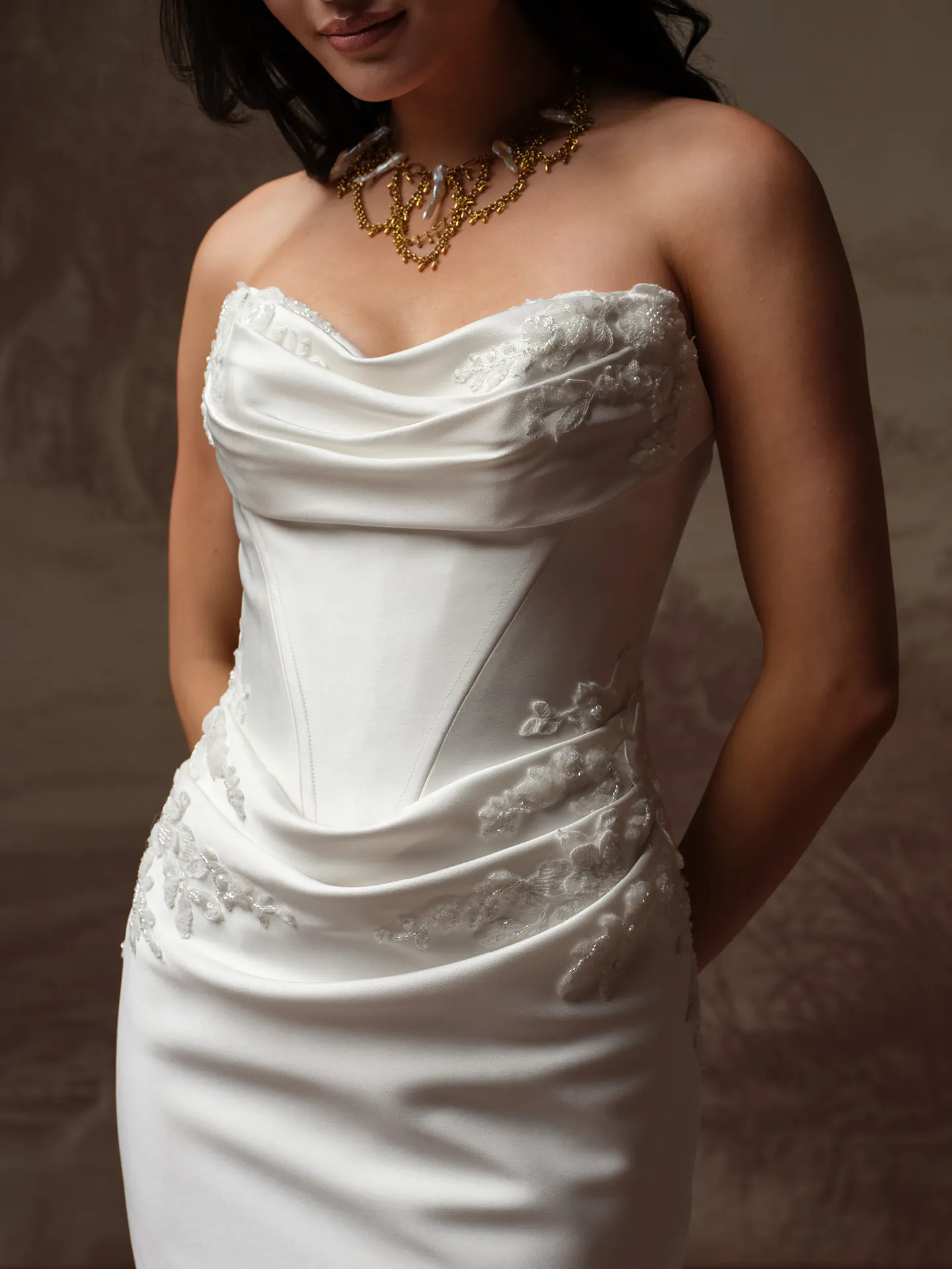 Sottero and Midgley Yadira beaded satin fit-and-flare wedding dress, front view.