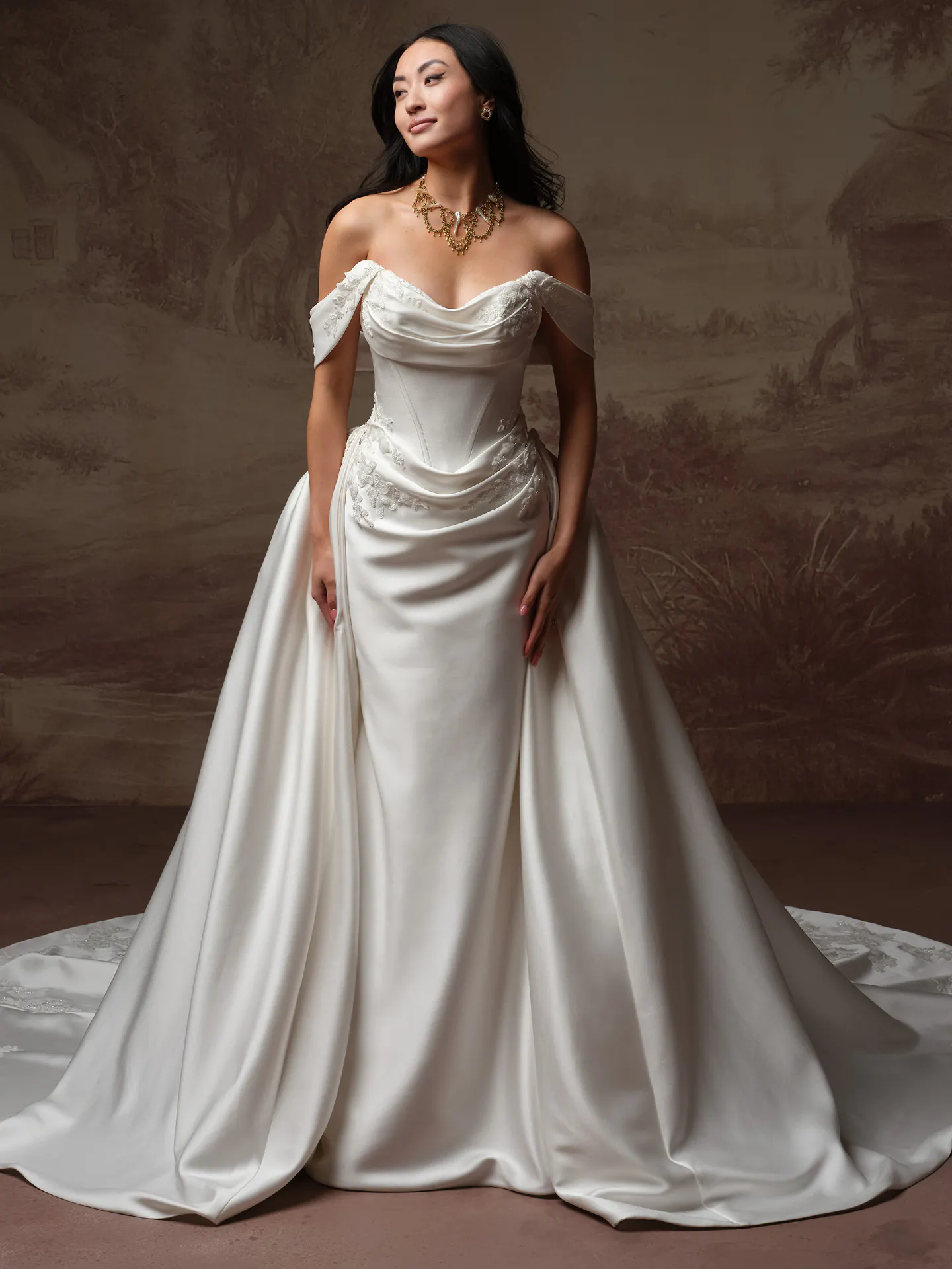 Sottero and Midgley Yadira, front view fit-and-flare satin wedding dress.