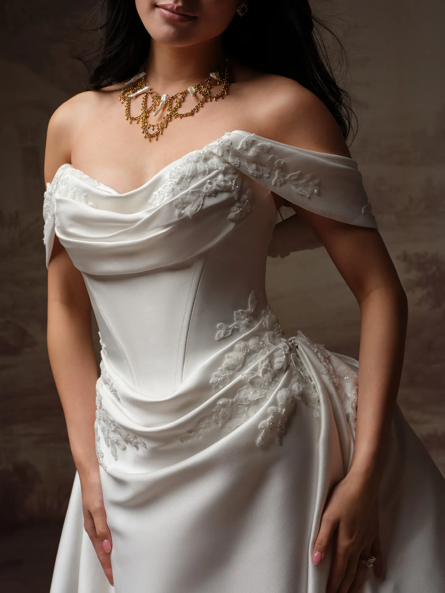 Sottero and Midgley Yadira satin fit-and-flare, front view.