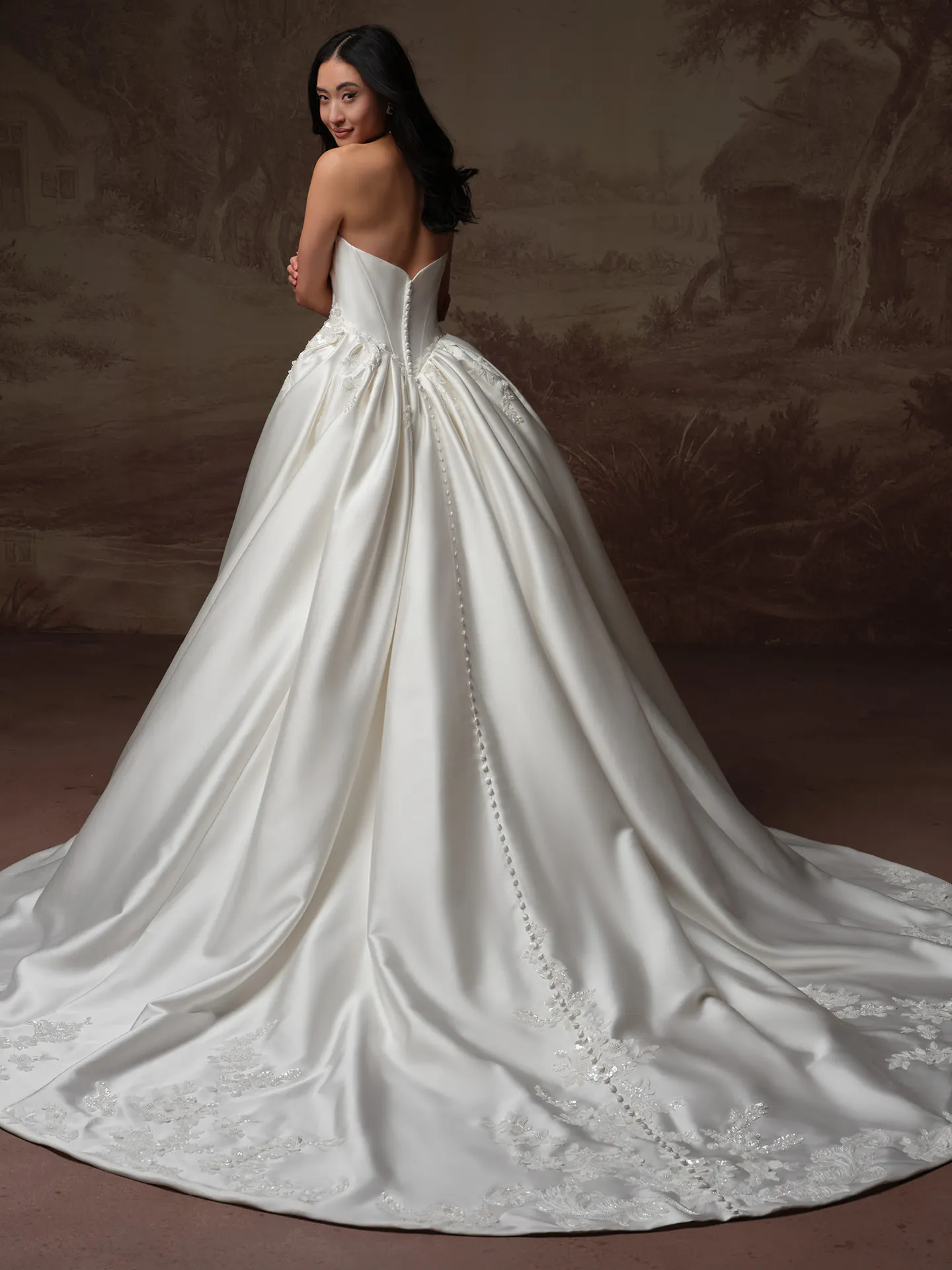 Sottero and Midgley Yadira, back view, fit-and-flare satin wedding dress.