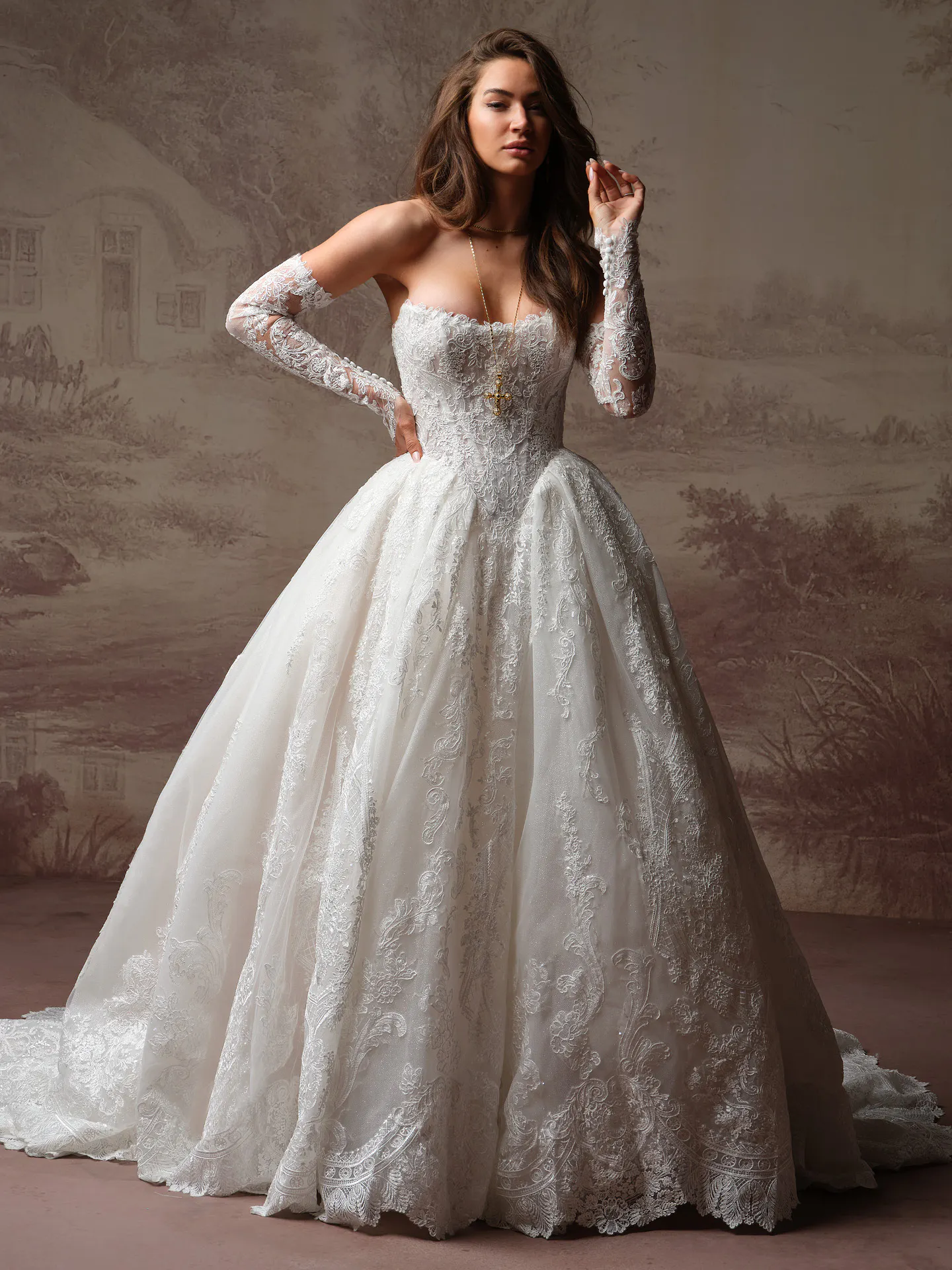 Sottero and Midgley Yesenia, front view sequin lace ballgown wedding dress with long sleeves.