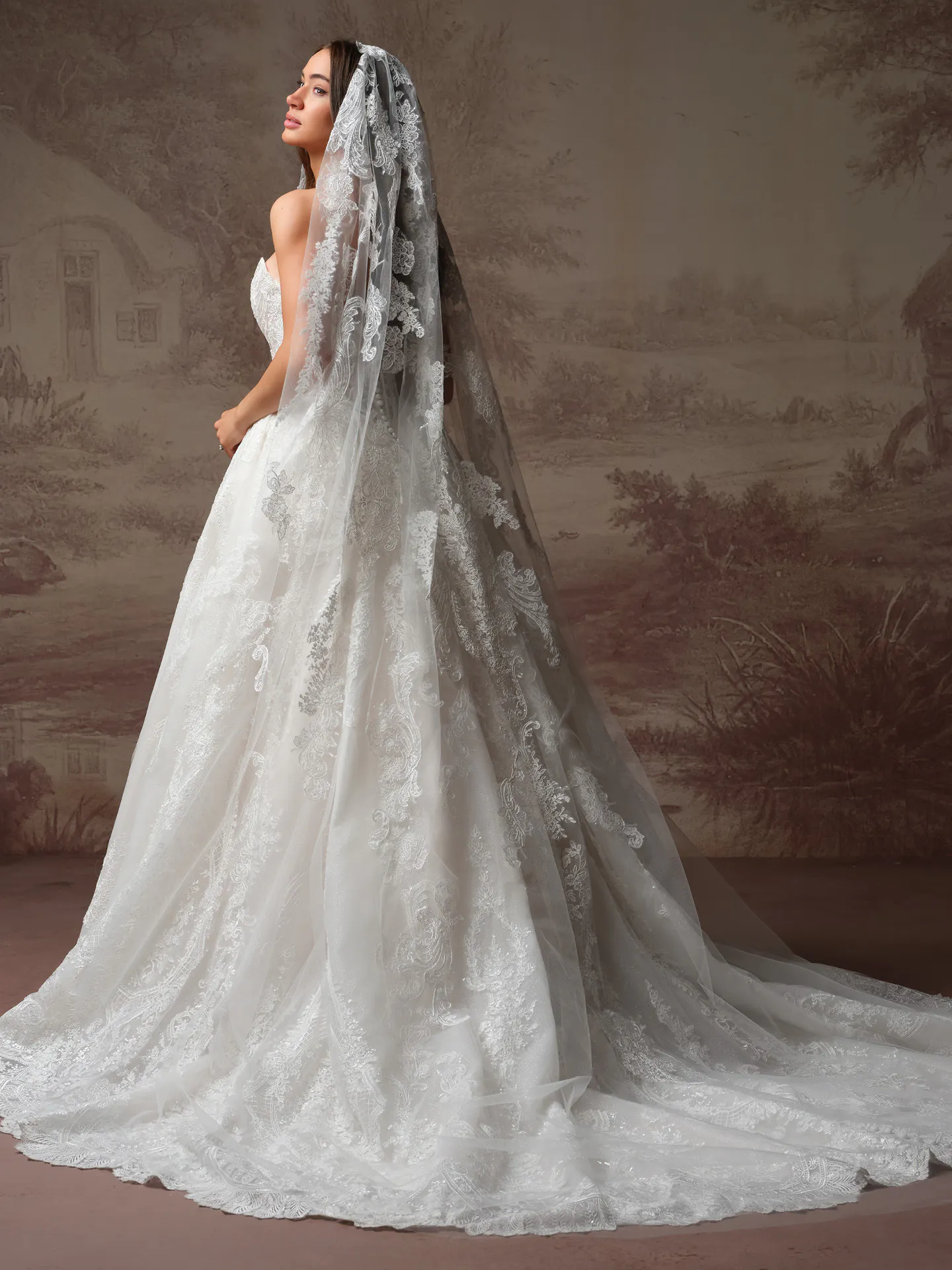 Sottero and Midgley Yesenia lace ballgown wedding dress, side view with veil.