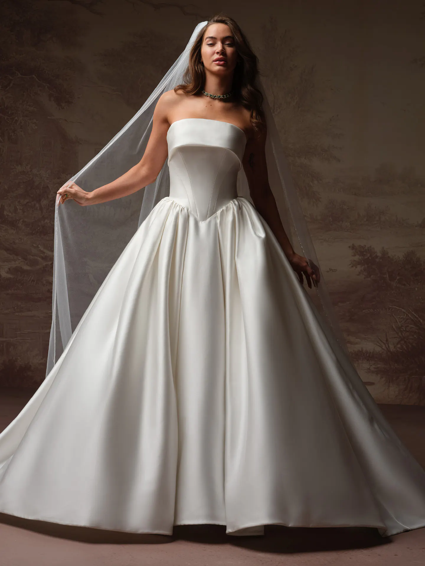 Rebecca Ingram strapless ballgown front view.