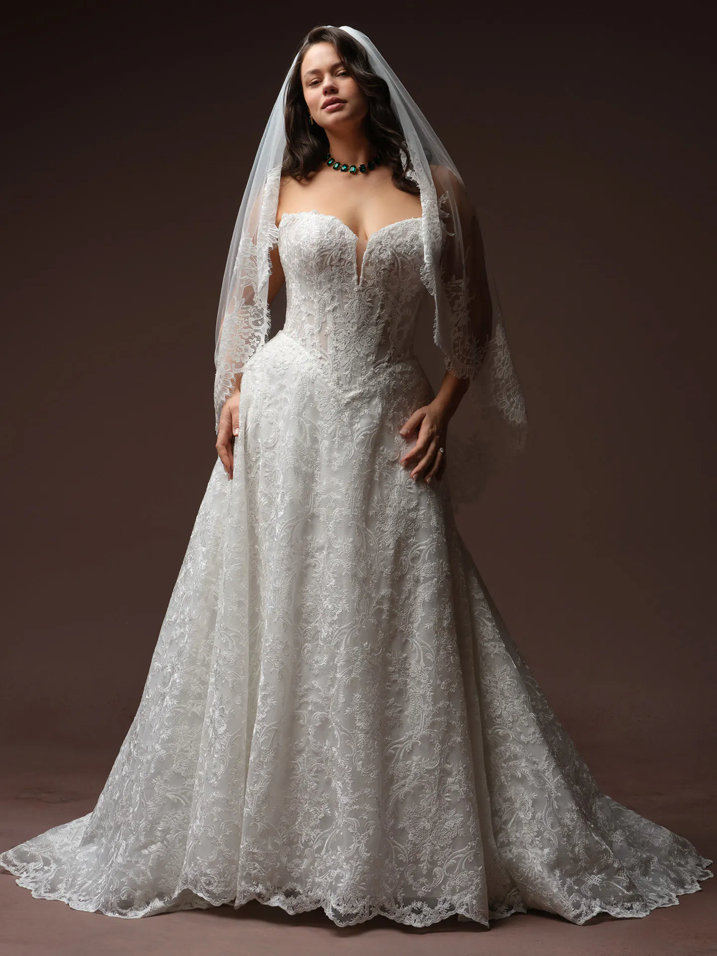 Sottero and Midgley lace ballgown front view with veil.