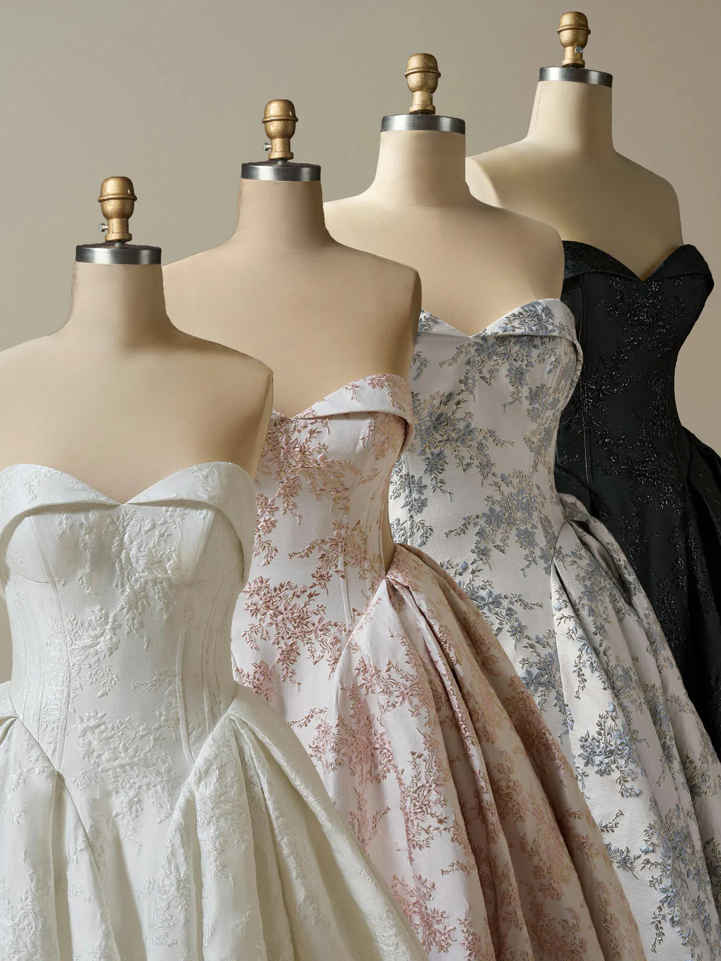Sottero and Midgley ball gowns in white, pink, blue, black on mannequins.