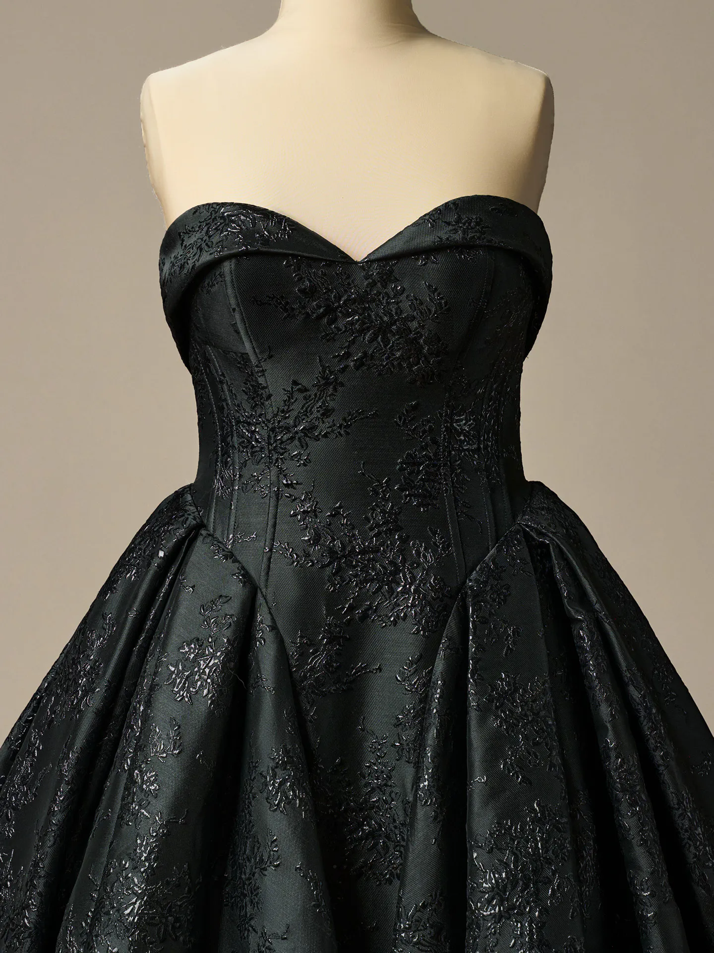Sottero and Midgley black strapless floral jacquard ball gown front view