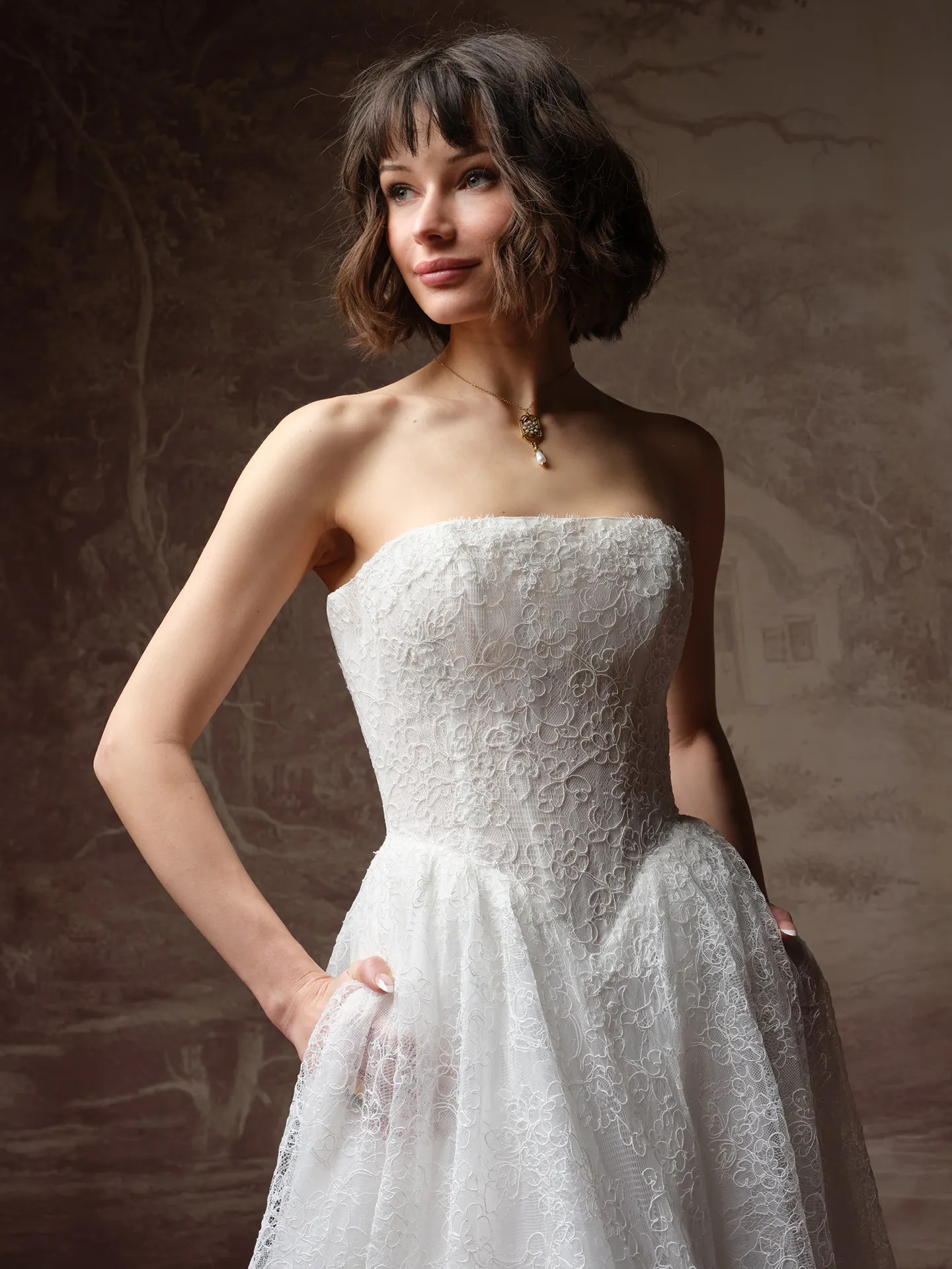 Maggie Sottero Autumn front view lace A Line wedding dress.