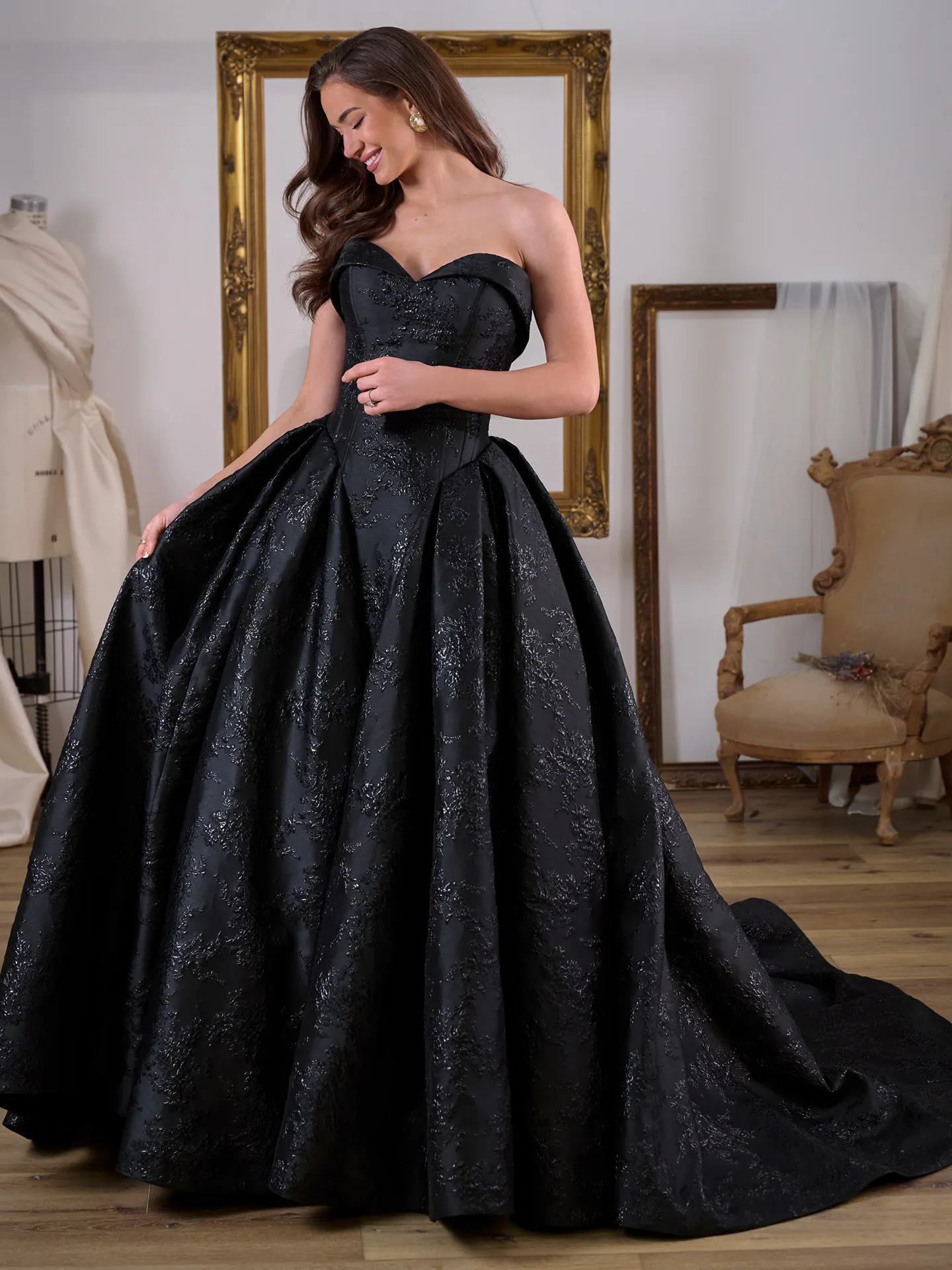 blue black dress picture Aberdeen Floral Jacquard Ball Gown Wedding | Sottero and Midgley Size:16Q styleattribute-asymmetrical Pearl-Embellished Off-the-Shoulder A-Line Lace