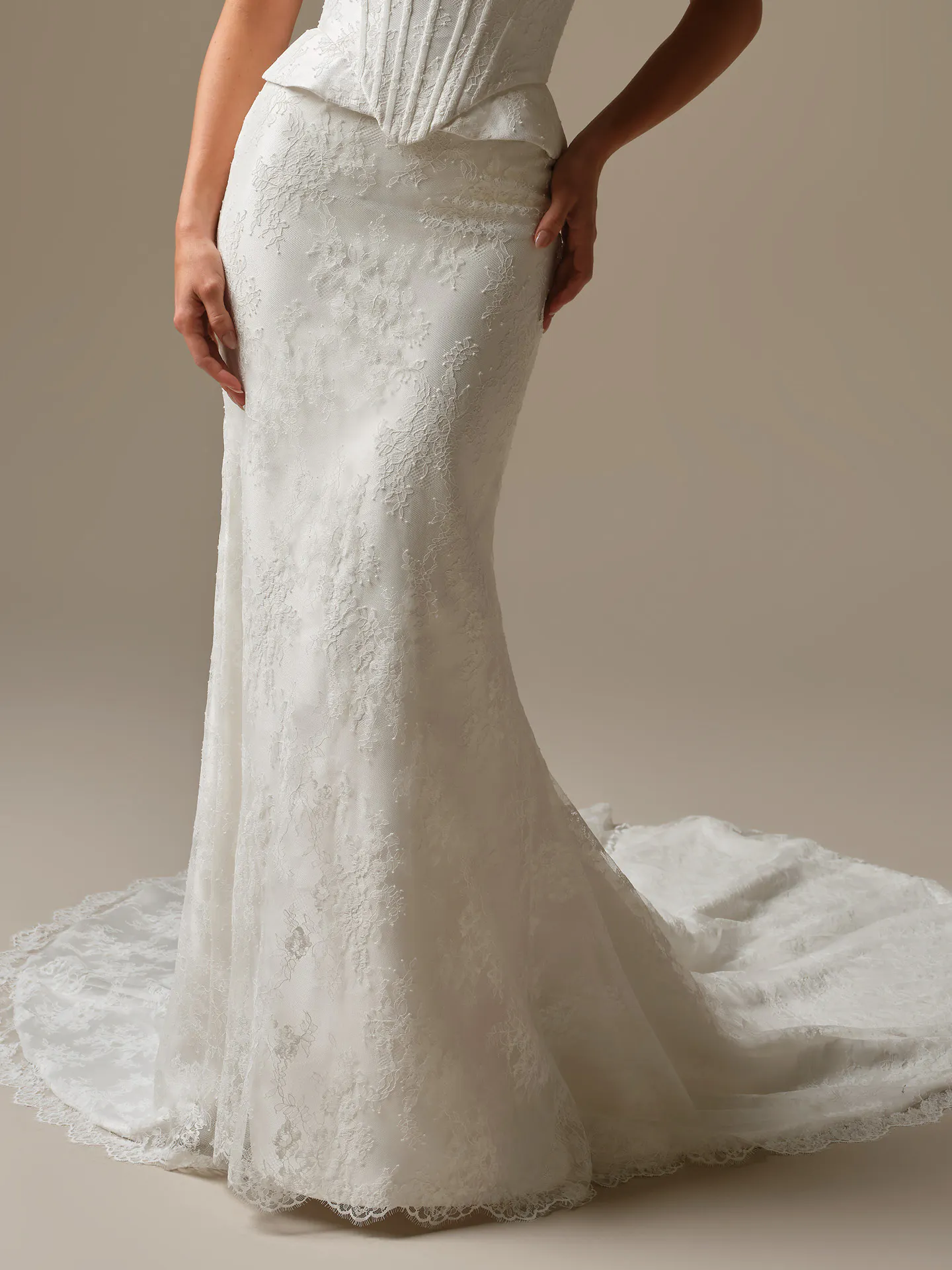 Sottero and Midgley Lassen sheath wedding dress with detachable Chantilly lace skirt, front view.
