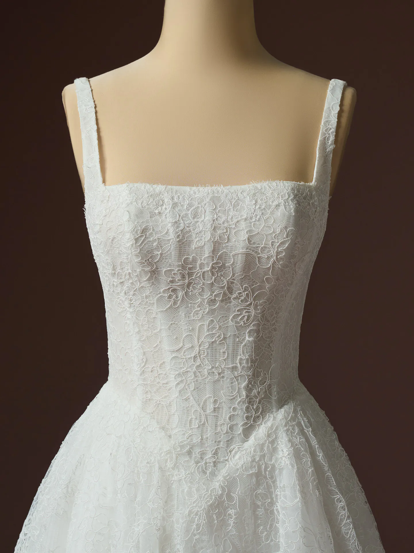 Maggie Sottero Autumn Chantilly lace A-line dress front view.