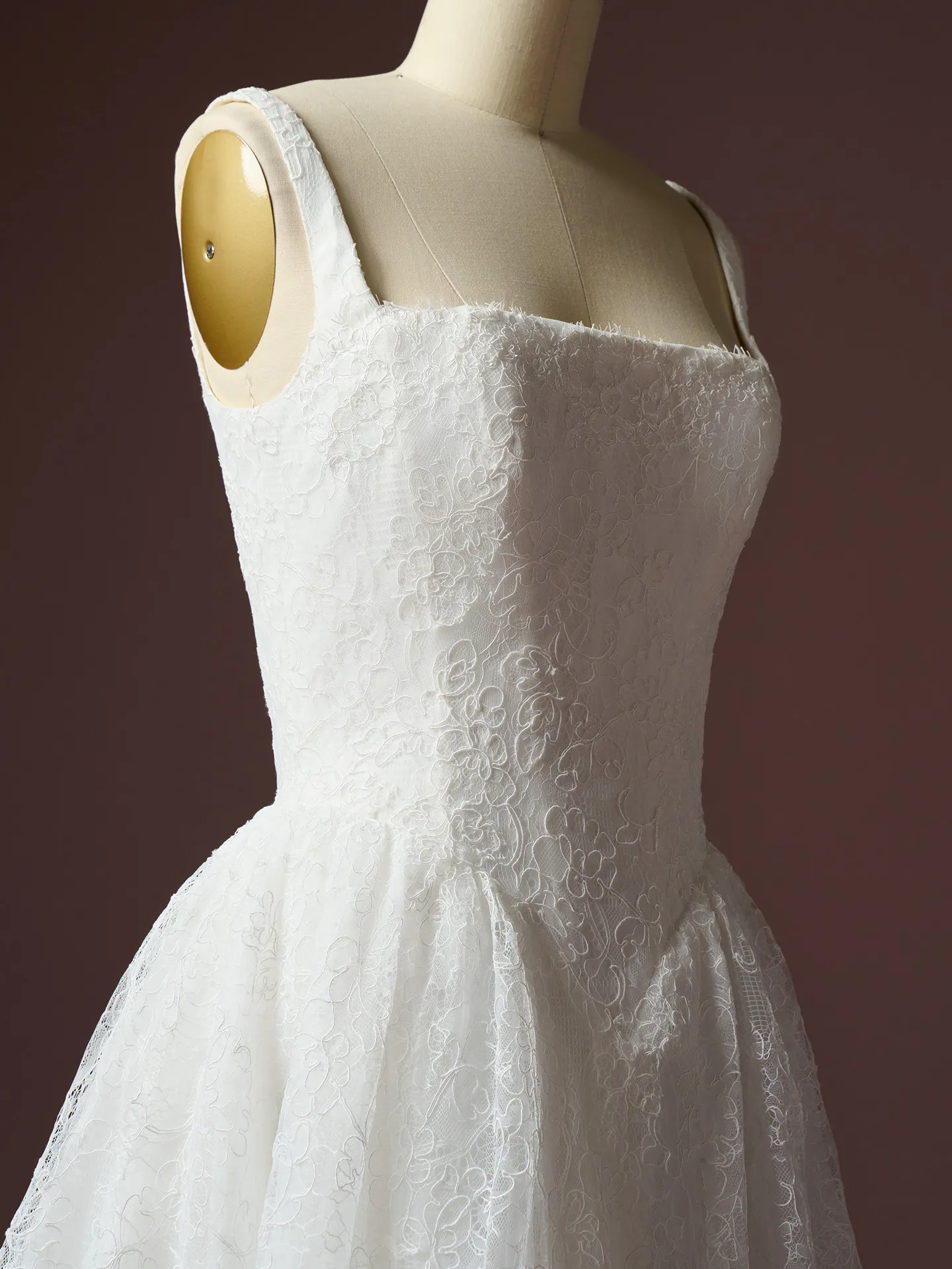 Maggie Sottero Autumn Chantilly lace A Line front view on mannequin.