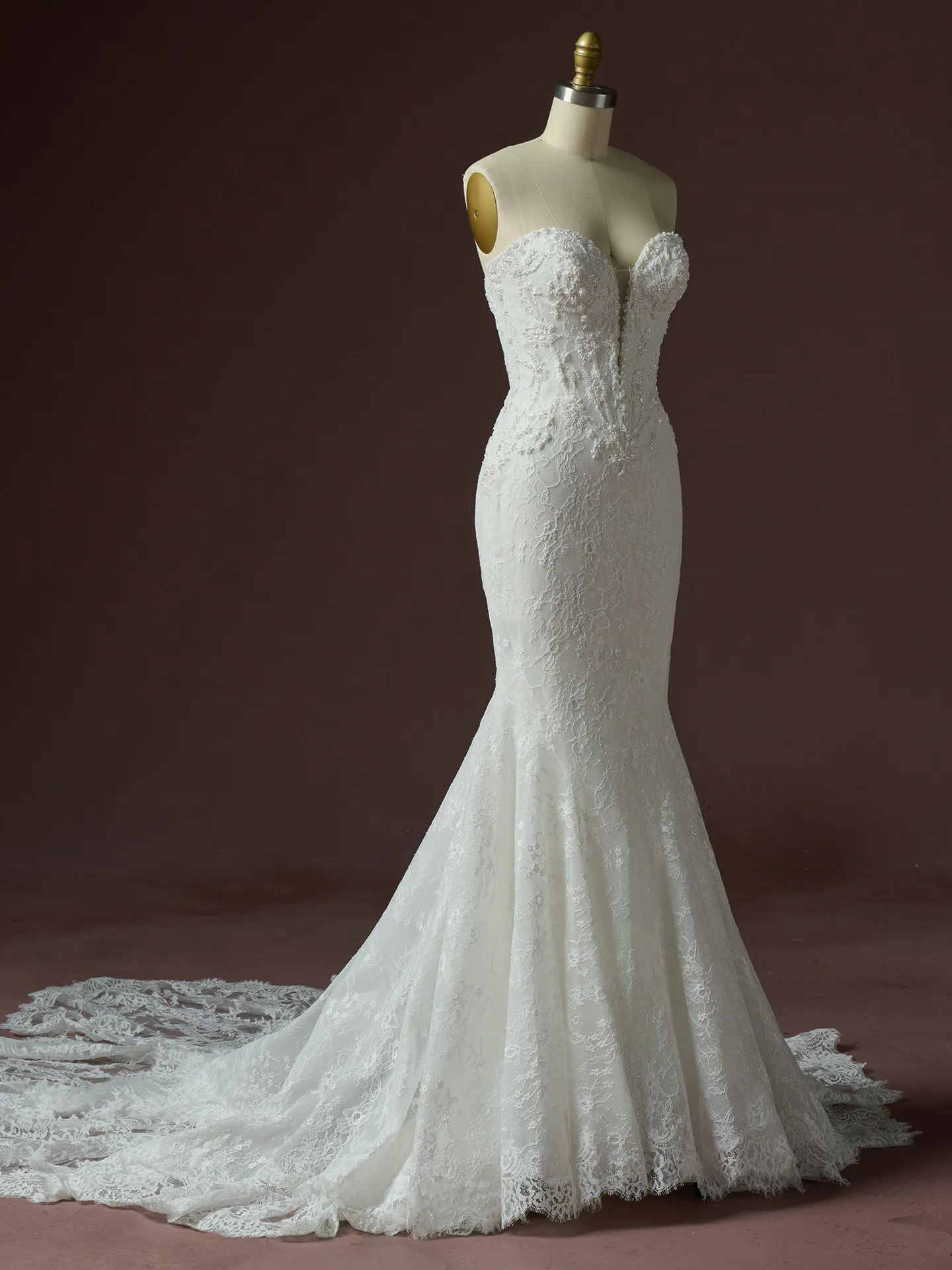 Maggie Sottero Bellevue Royale fit-and flare lace dress front view.
