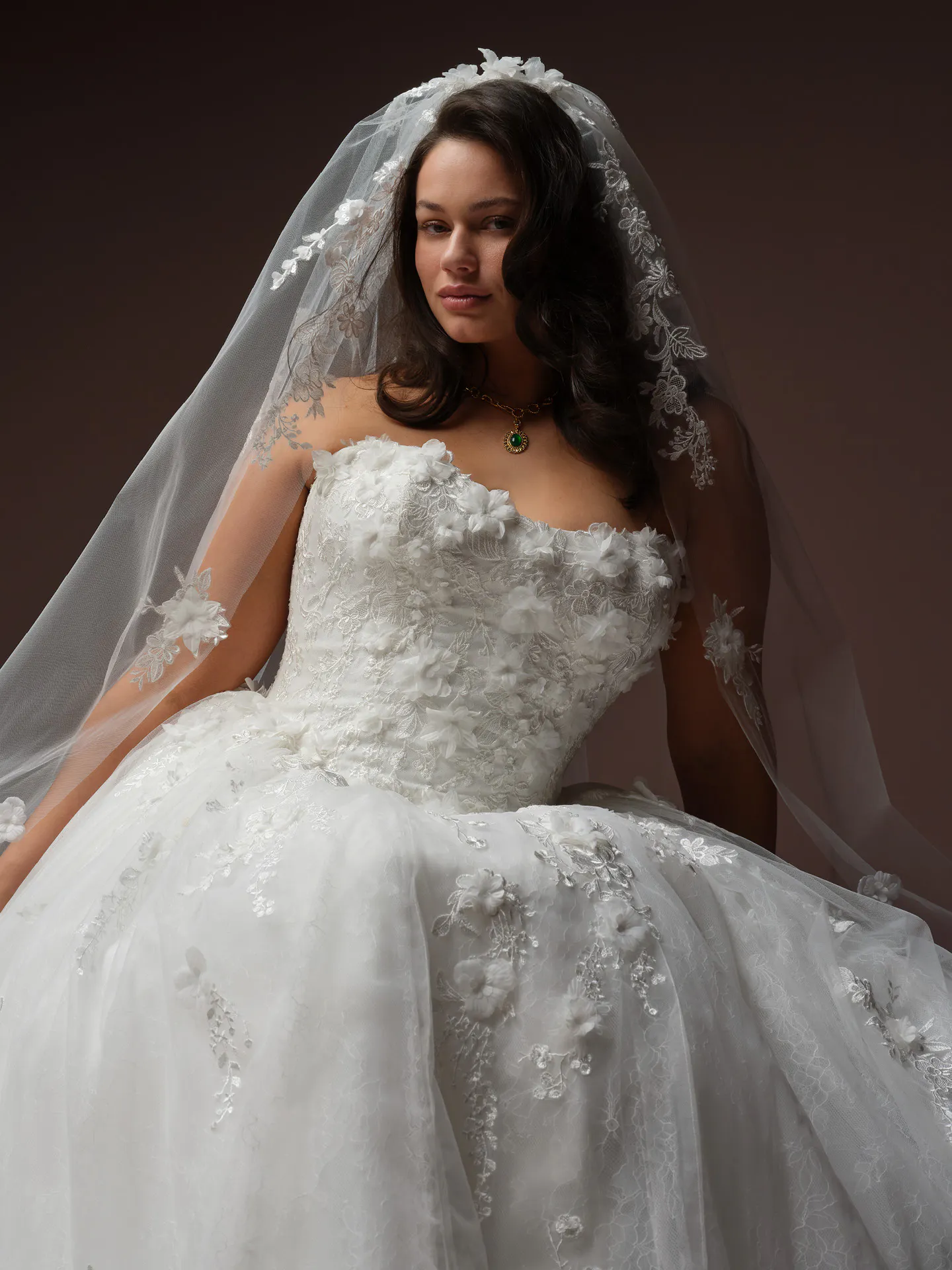 Maggie Sottero Benton floral lace A-line wedding dress front view.