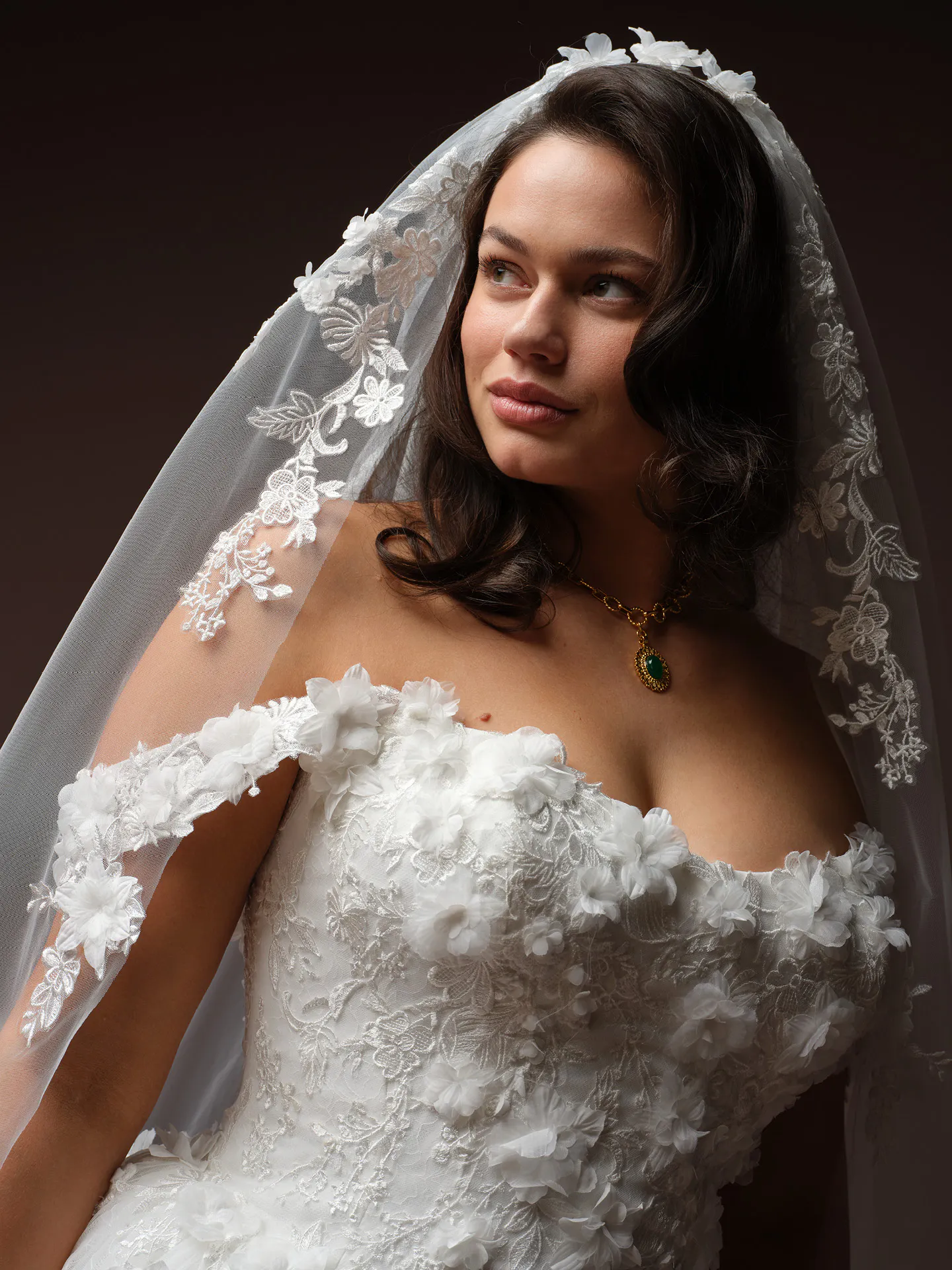 Maggie Sottero Benton floral Chantilly lace A-line wedding dress front view.