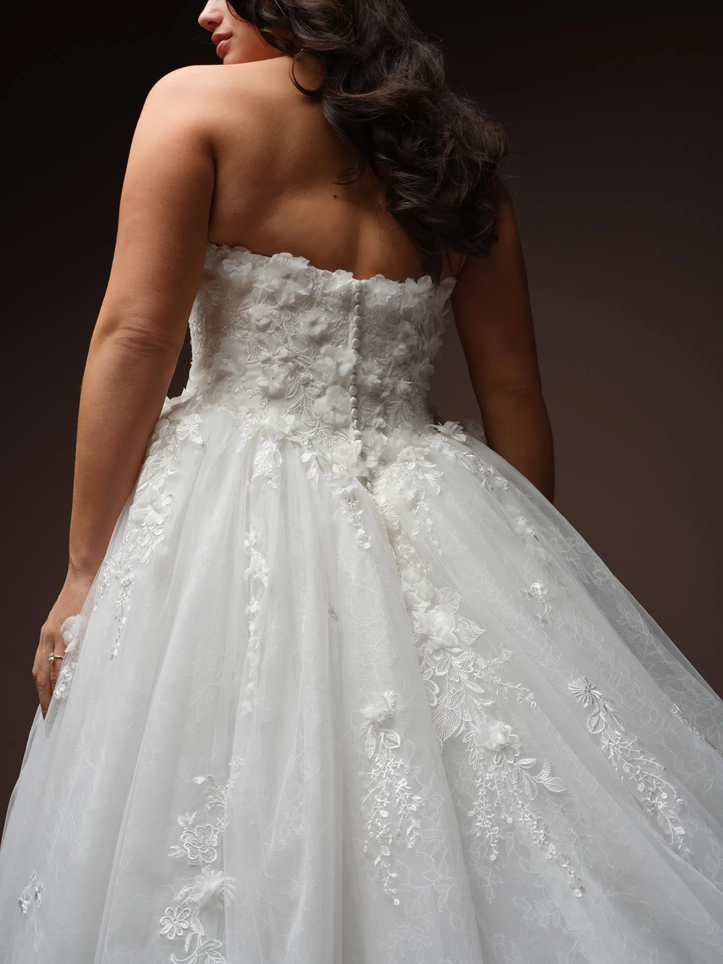 Maggie Sottero Benton A Line back view, floral lace detail.