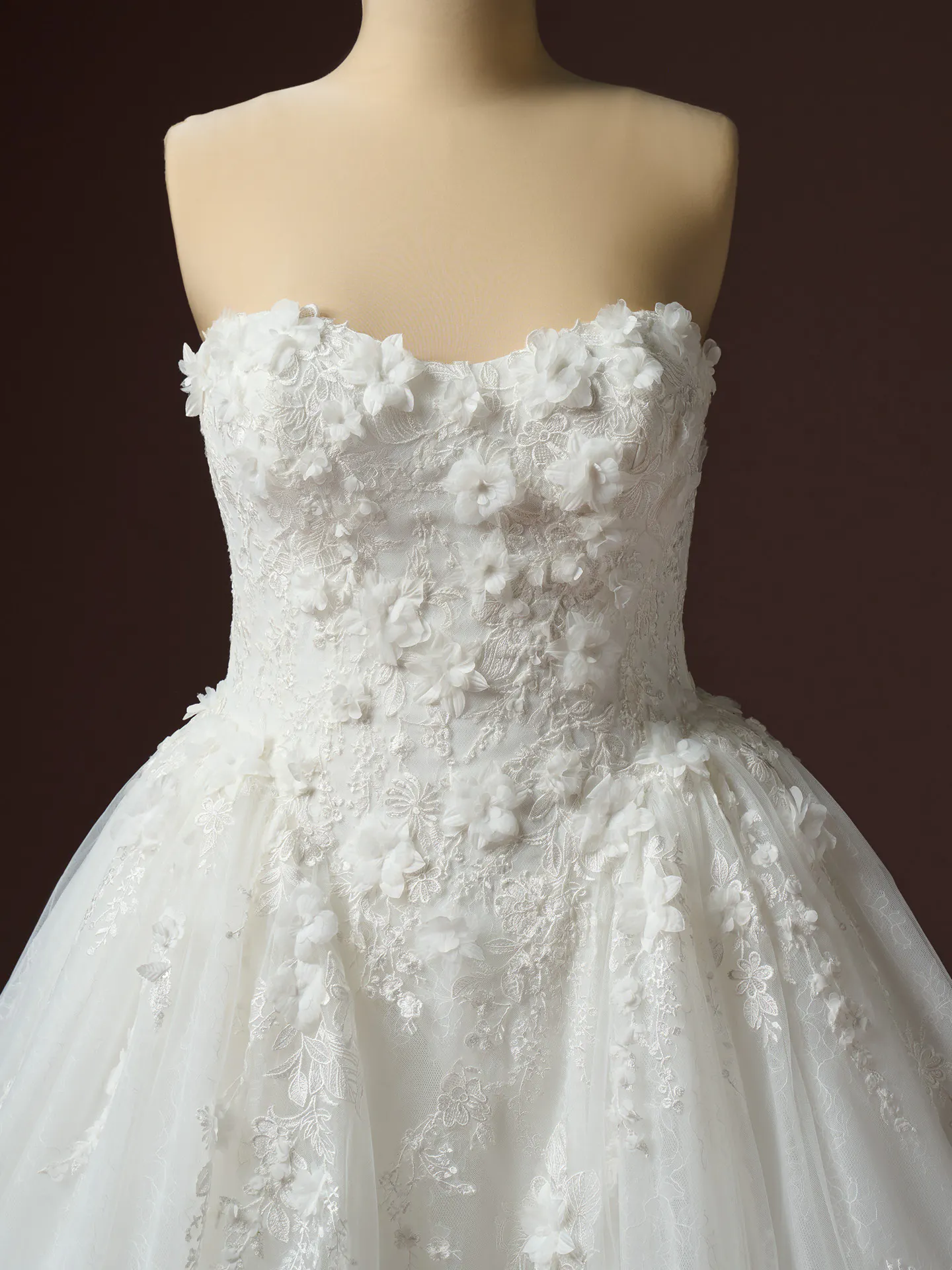 Benton floral lace detail bodice, A-line wedding dress, Maggie Sottero, front view.