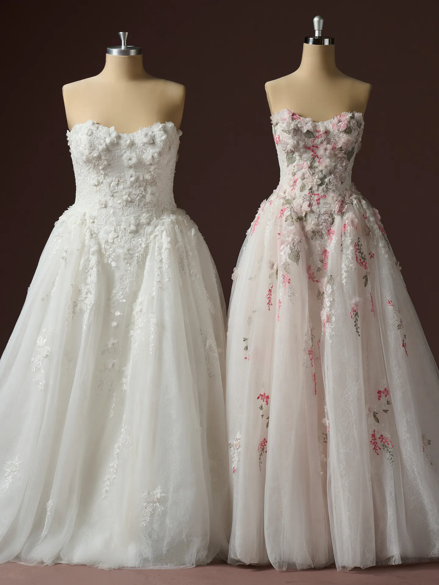 Maggie Sottero Benton floral lace A Line wedding dresses on mannequins.